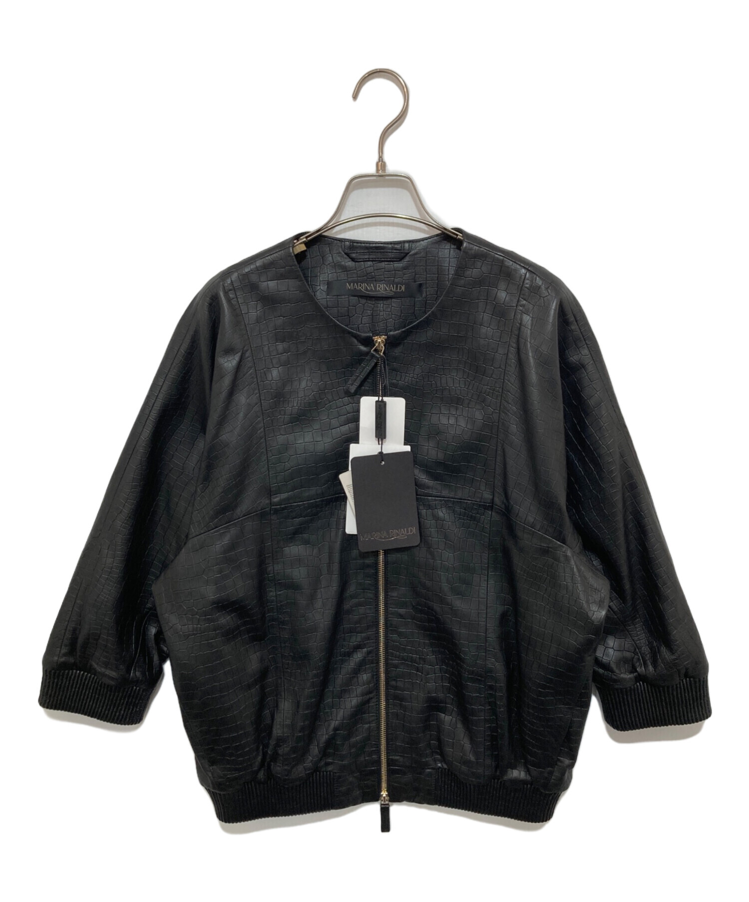 マリナリナルディ　ノーカラーコート　ラムレザー　羊革　大きいサイズ　31号　黒 マリナリナルディ ノーカラーコート ラムレザー 羊革 大きい