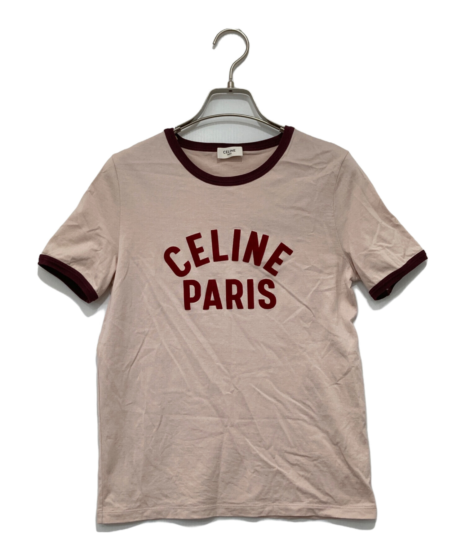 6264【美品】セリーヌ☆トリオンフロゴ入りリンガーTシャツ 水色×白色 XS CELINE（セリーヌ） Tシャツ RX0AH0F16.GBL6 レディース メンズ
