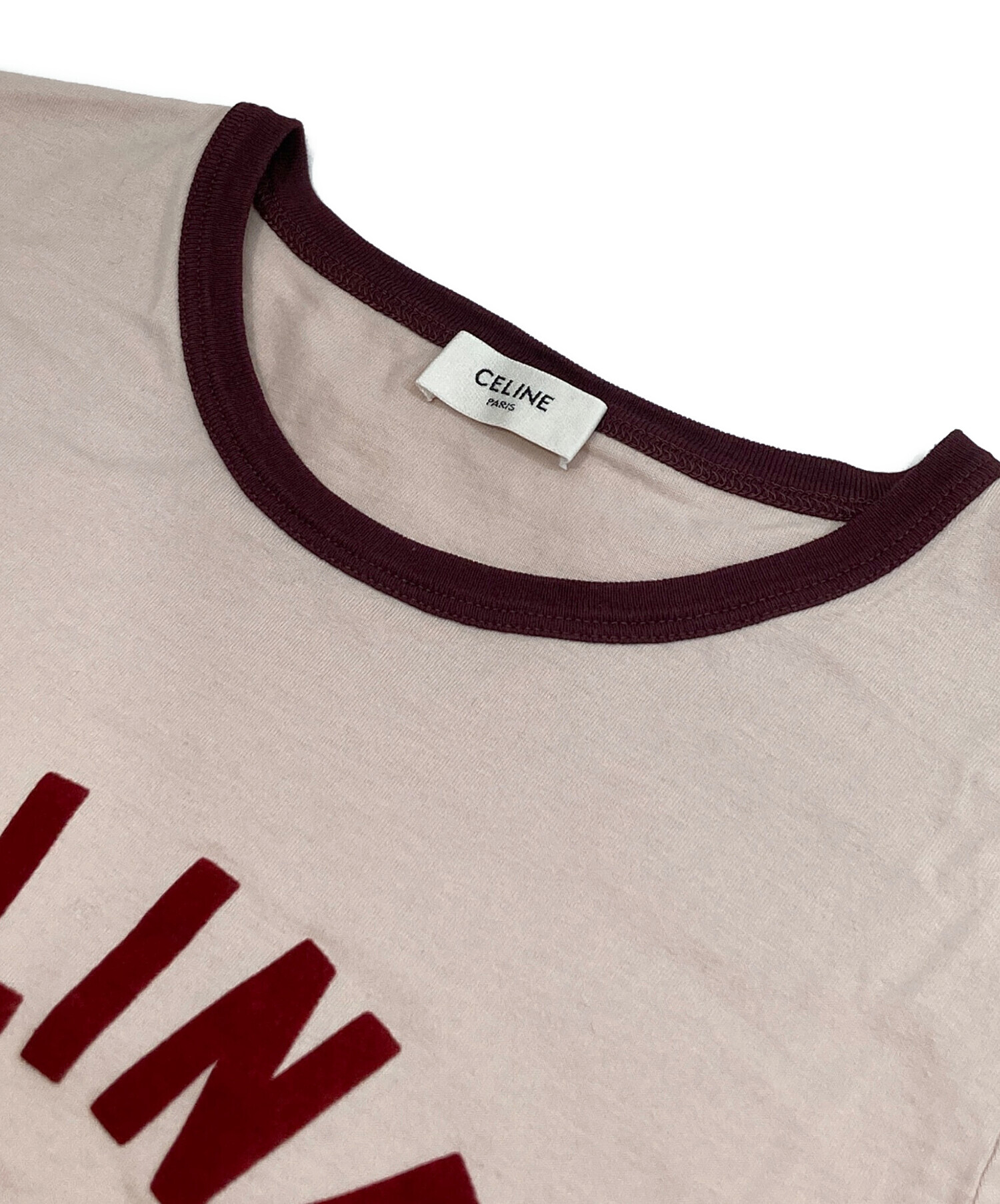 6264【美品】セリーヌ☆トリオンフロゴ入りリンガーTシャツ 水色×白色 XS CELINE（セリーヌ） Tシャツ Triomphe トリオンフ RX0IX1407.01MA