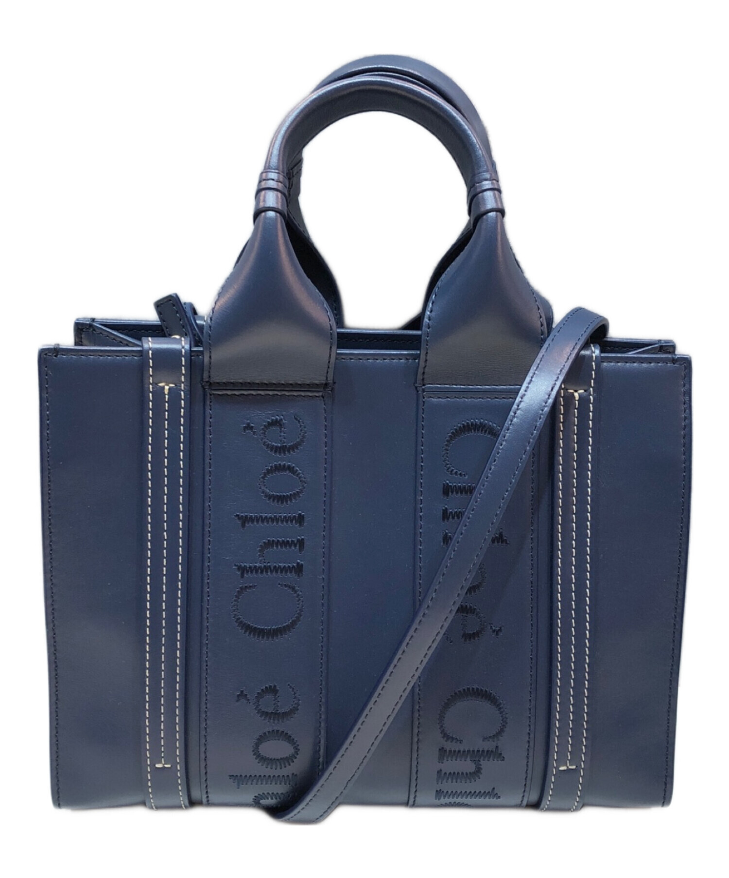 Chloeネイビー ハンドバッグ エピレザー風 中古・古着通販】Chloe (クロエ) ウッディ スモール レザートート