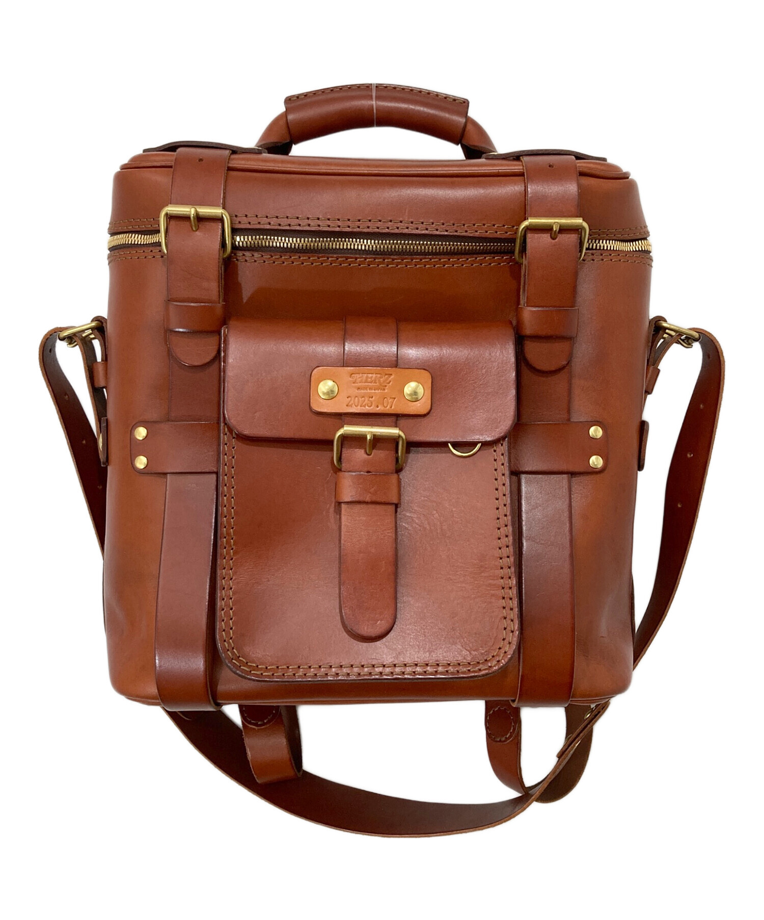 【美品】ヘルツ 3wayバッグ リュック ショルダーバッグ 茶 レザー 中古・古着通販】Herz (ヘルツ) M大型ギャジット3wayリュック(A-21) A