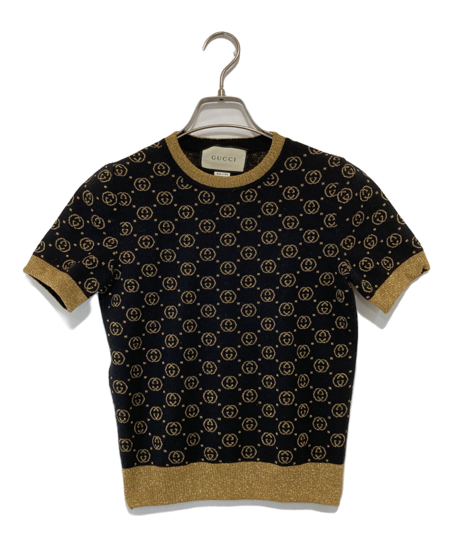 GUCCI GGロゴ 半袖ニット ブラック×ゴールド 中古・古着通販】GUCCI (グッチ) GG総柄ラメニットセーター GGパターン