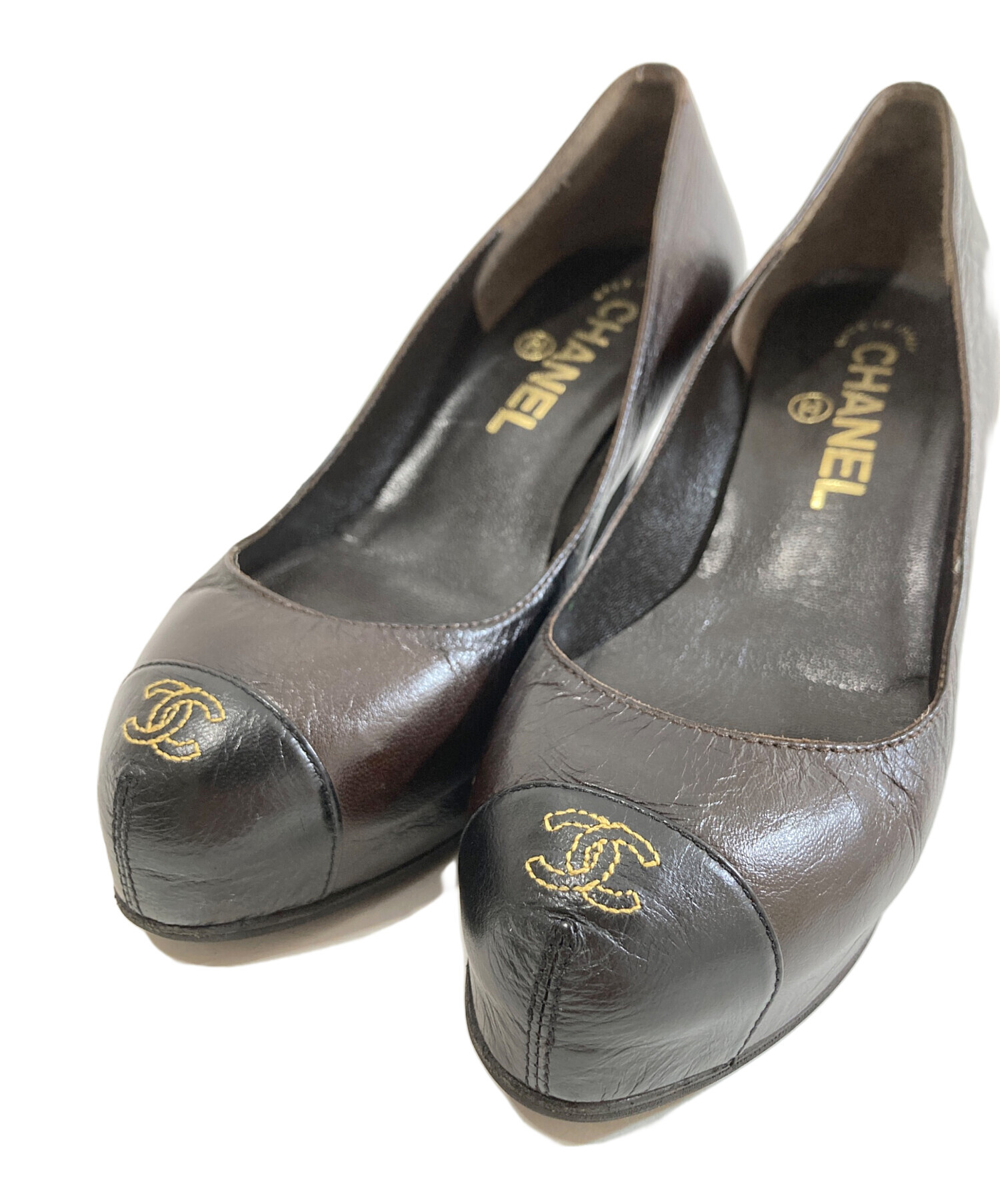 CHANEL シャネル ココシャネル レザー パンプス ブラウン ビンテージ 中古・古着通販】CHANEL (シャネル) ココマークステッチパンプス