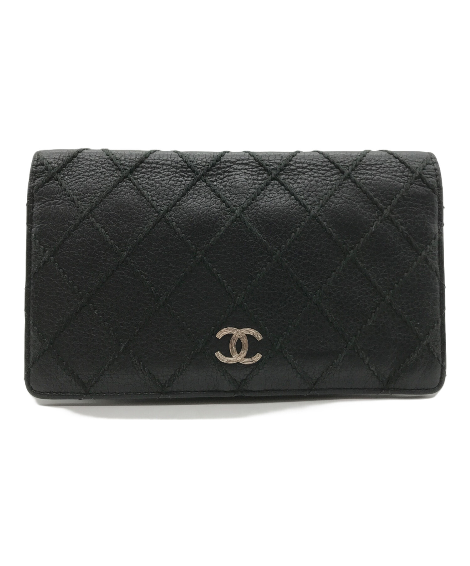 CHANEL　ワイルドステッチ　二つ折り財布　ブラック　財布 中古・古着通販】CHANEL (シャネル) ワイルドステッチ 2つ折り財布