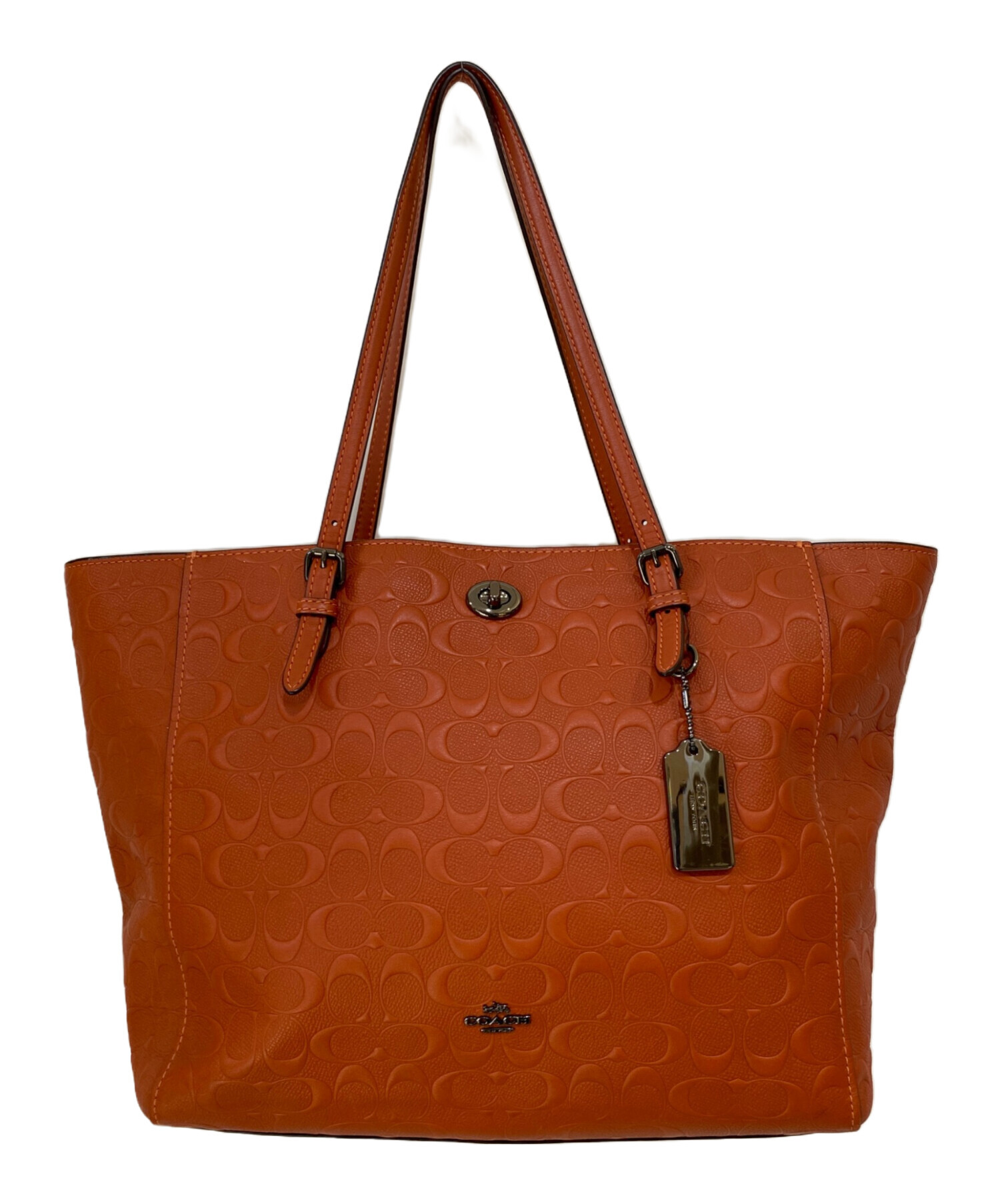 COACH オレンジ レザートートバッグ 中古・古着通販】COACH (コーチ) Large Signature Embossed Leather