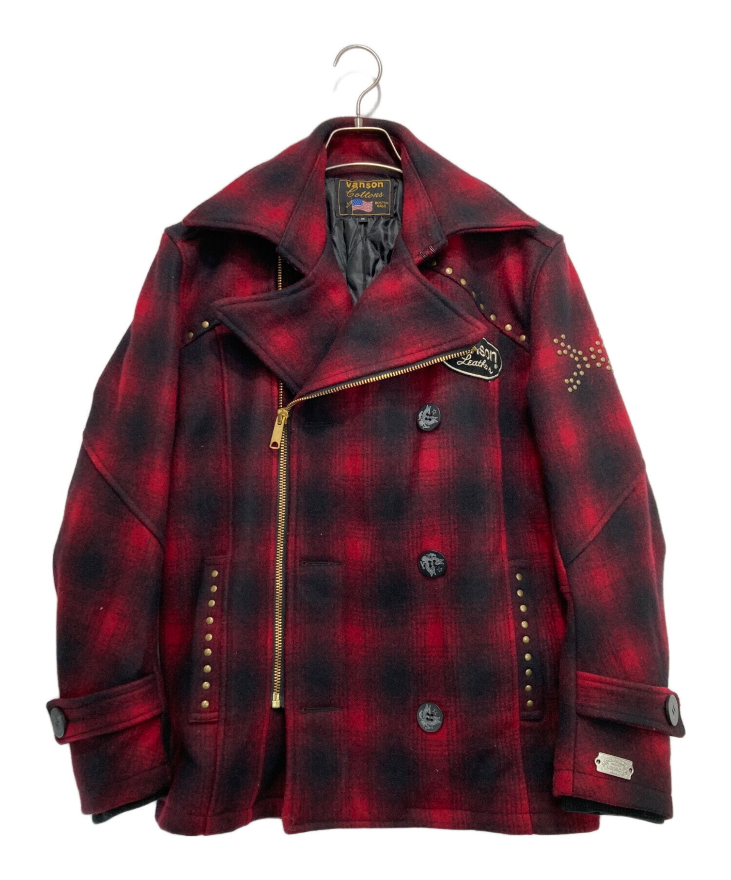 中古・古着通販】VANSON (バンソン) チェックPコート レッド×ブラック