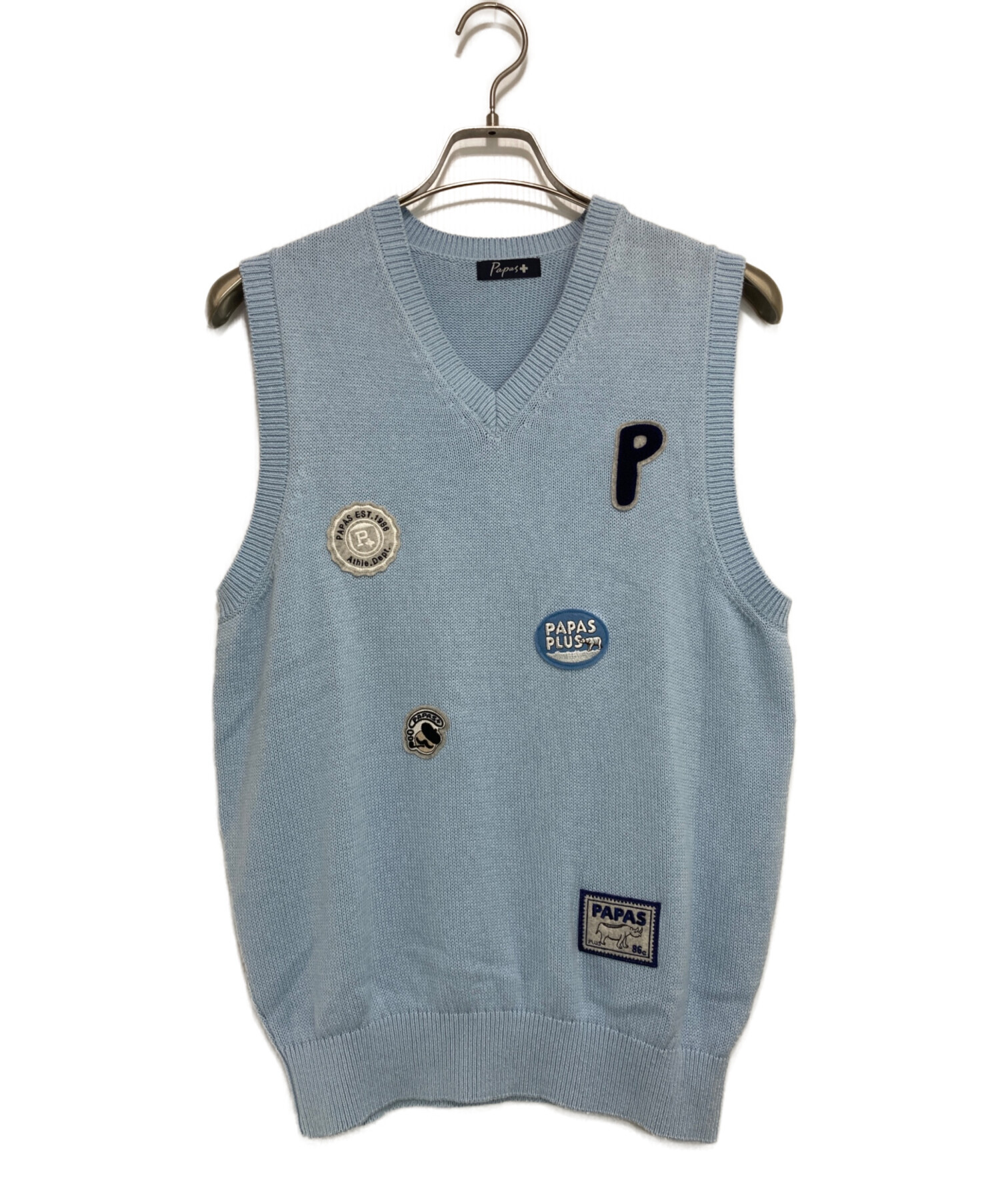 春夏 パパス Papas 麻100％ リネン ニット ベスト ブルー 48 M 中古・古着通販】PAPAS PLUS (パパスプラス) ワッペンニットベスト