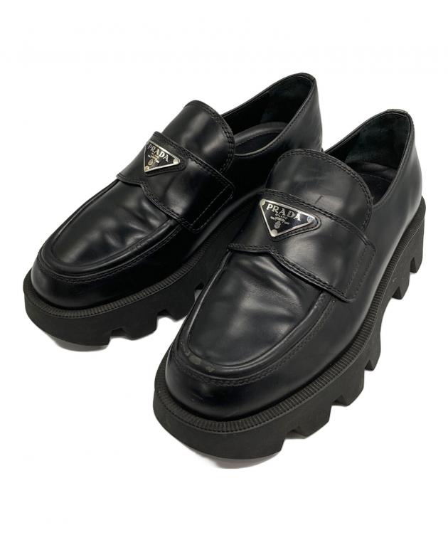 PRADA ブラックレザー ローファーヒール 箱付き 23.5 プレートロゴ 中古・古着通販】PRADA (プラダ) ロゴプレート ローファー ブラック