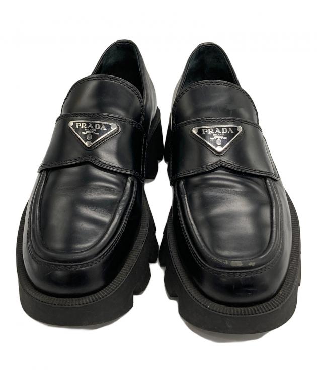 PRADAプラダ　三角プレートロゴ　ローファー　ブラック　サイズ7 1/2 中古・古着通販】PRADA (プラダ) ロゴプレート ローファー ブラック