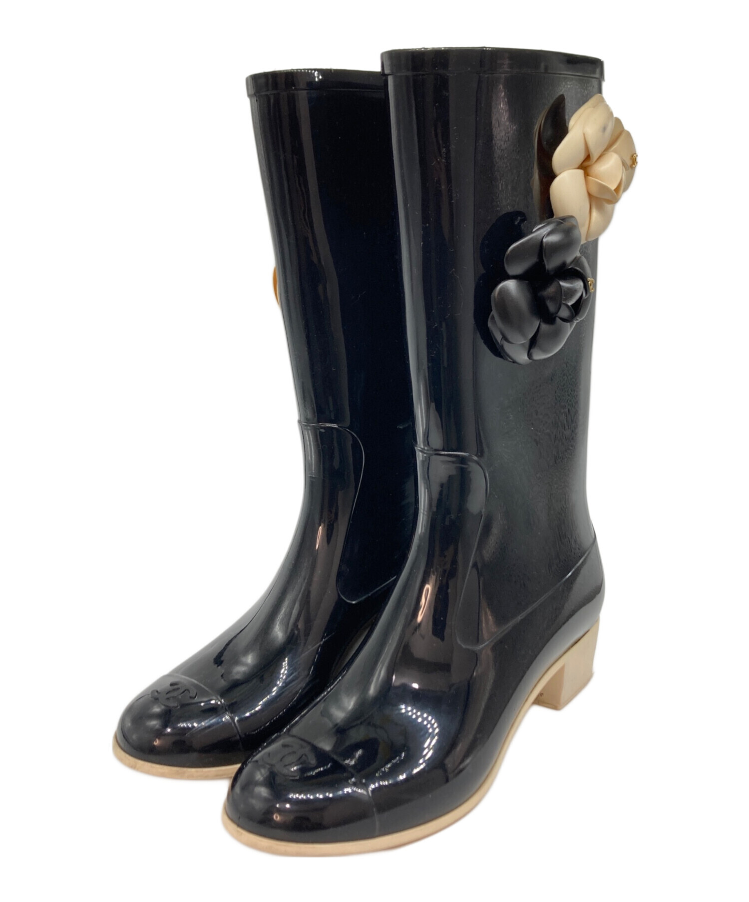 中古・古着通販】CHANEL (シャネル) カメリア レインブーツ ブラック