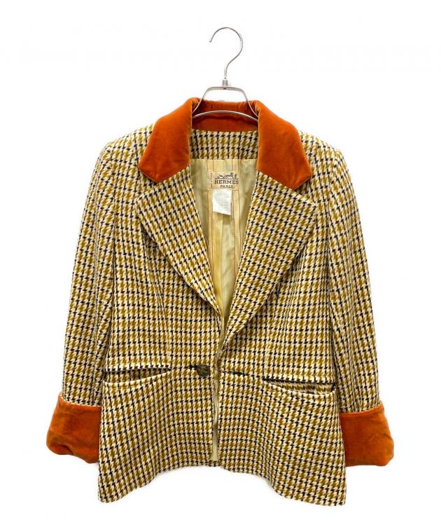 HERMES(エルメス) ジャケット イエロー×レッド×ブラウン チェック柄 中古・古着通販】HERMES (エルメス) カシミヤブレンド ウール