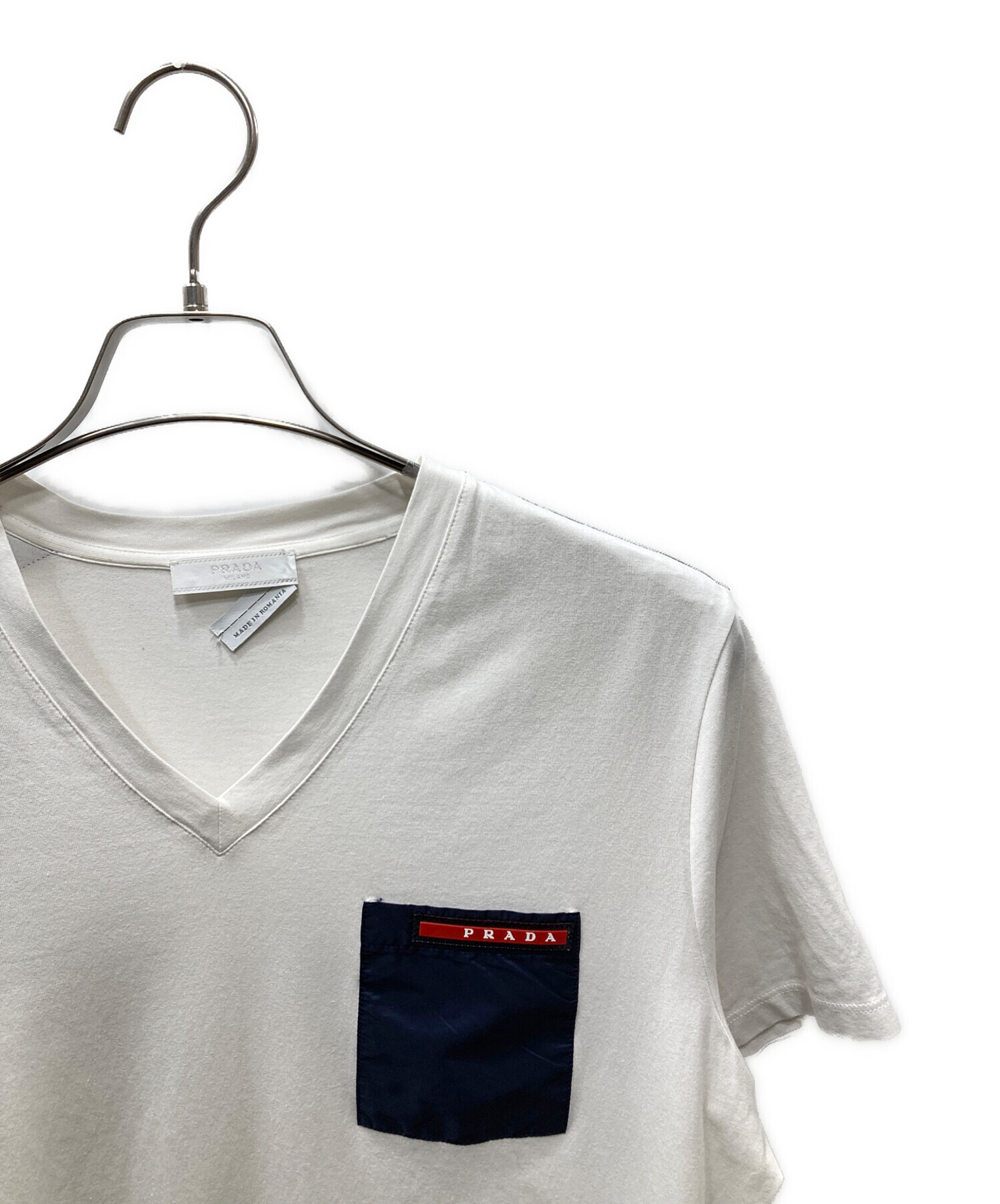 中古・古着通販】PRADA (プラダ) VネックポケットTシャツ ホワイト 