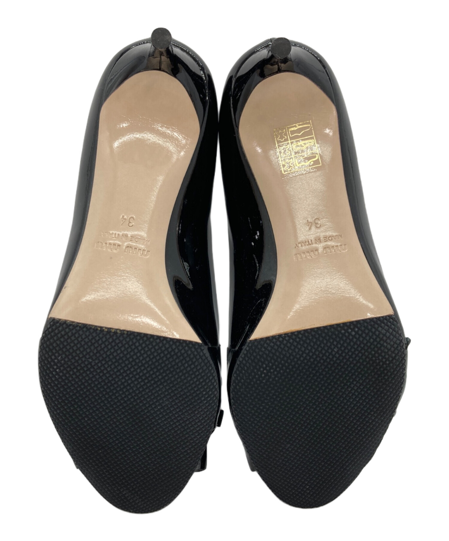 働*)様 miu miu リボンパンプス　クリスタルヒール 中古・古着通販】MIU MIU (ミュウミュウ) リボンパンプス ブラック