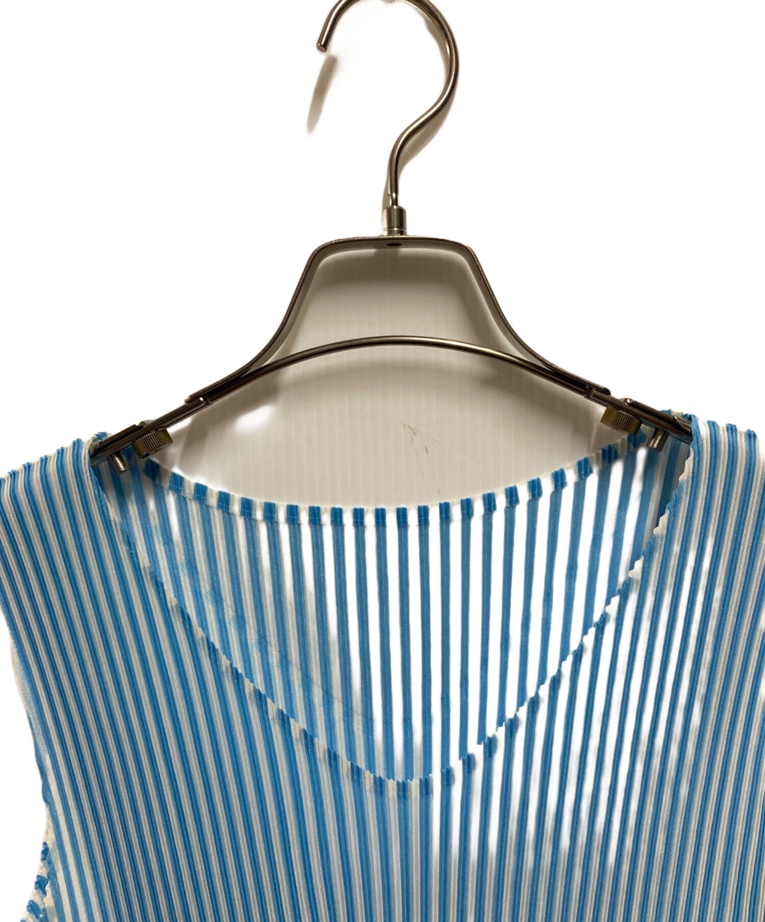 美品 PLEATS PLEASE プリーツプリーズ イッセイミヤケ ストライプ ノースリーブ カットソー PP51FK313 サイズ3 ブルー ホワイト レディース 古着 中古 USED 美品 PLEATS PLEASE プリーツプリーズ イッセイミヤケ ストライプ