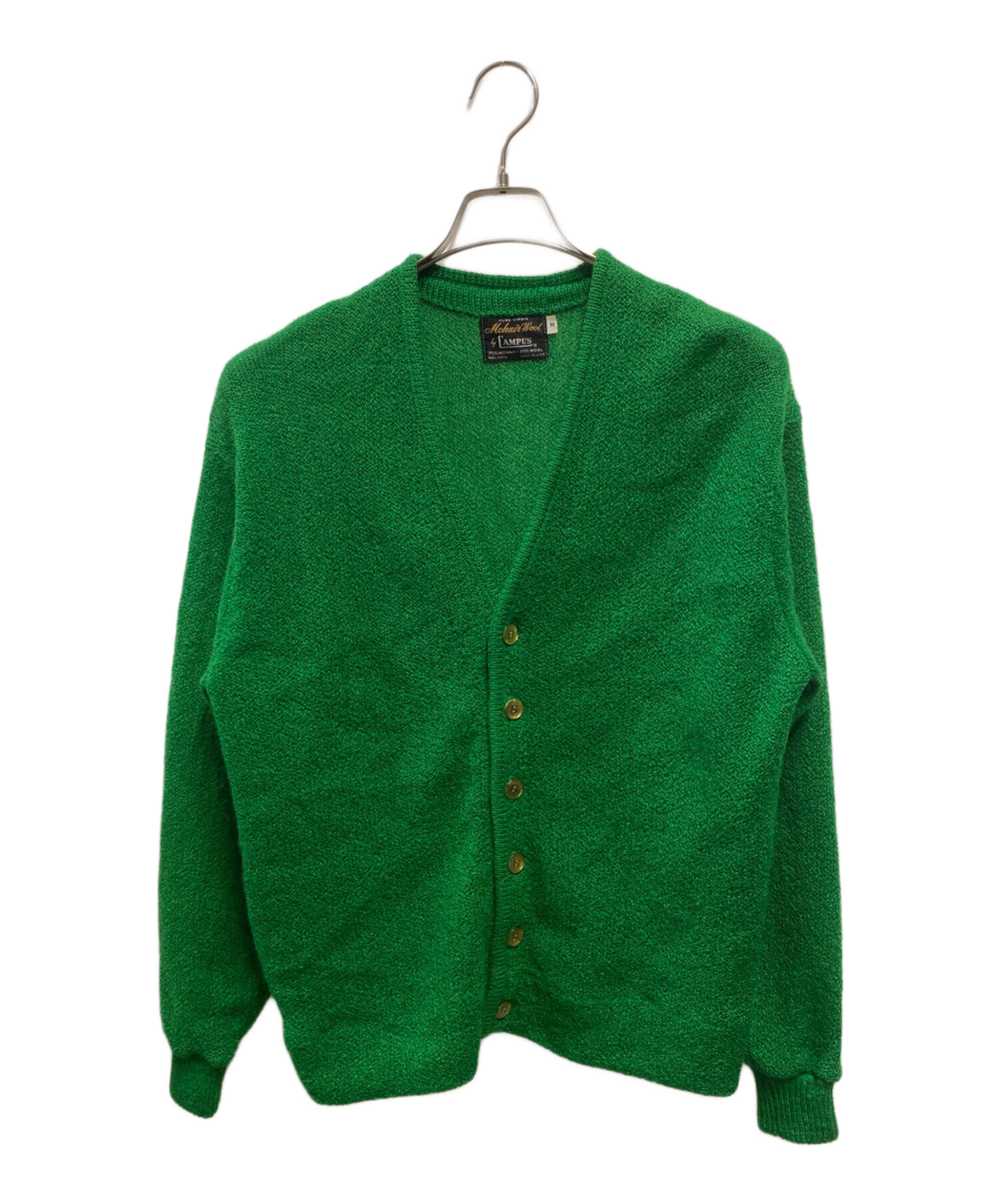 60s campusウール・モヘア グリーン系ストライプ カーディガン L CAMPUS キャンパス 60年代 USA製 総柄 ウール モヘア カーディガン