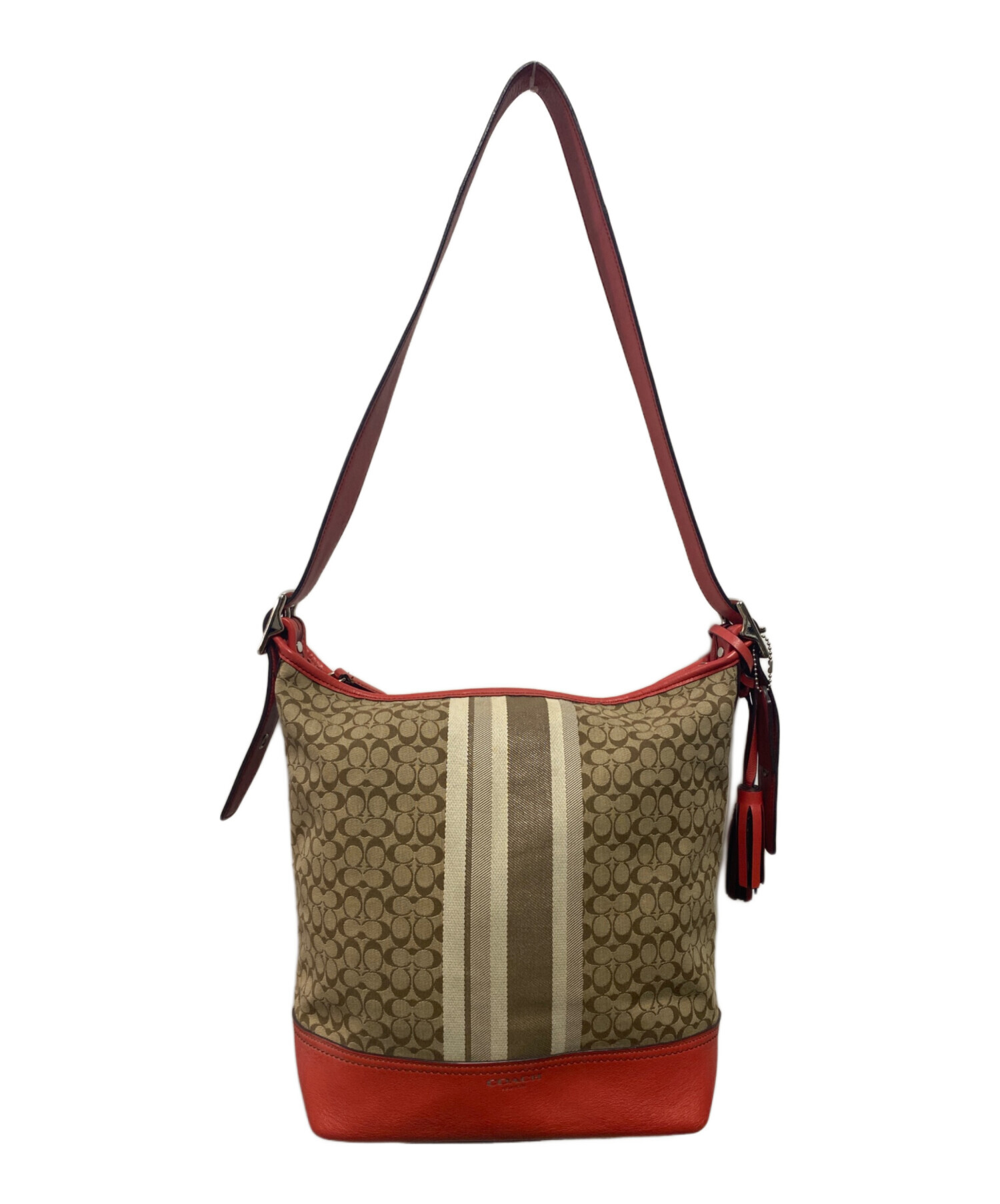 【美品】COACH ショルダーバッグ ブラウン/レッド 中古・古着通販】COACH (コーチ) ショルダーバッグ レッド×ベージュ