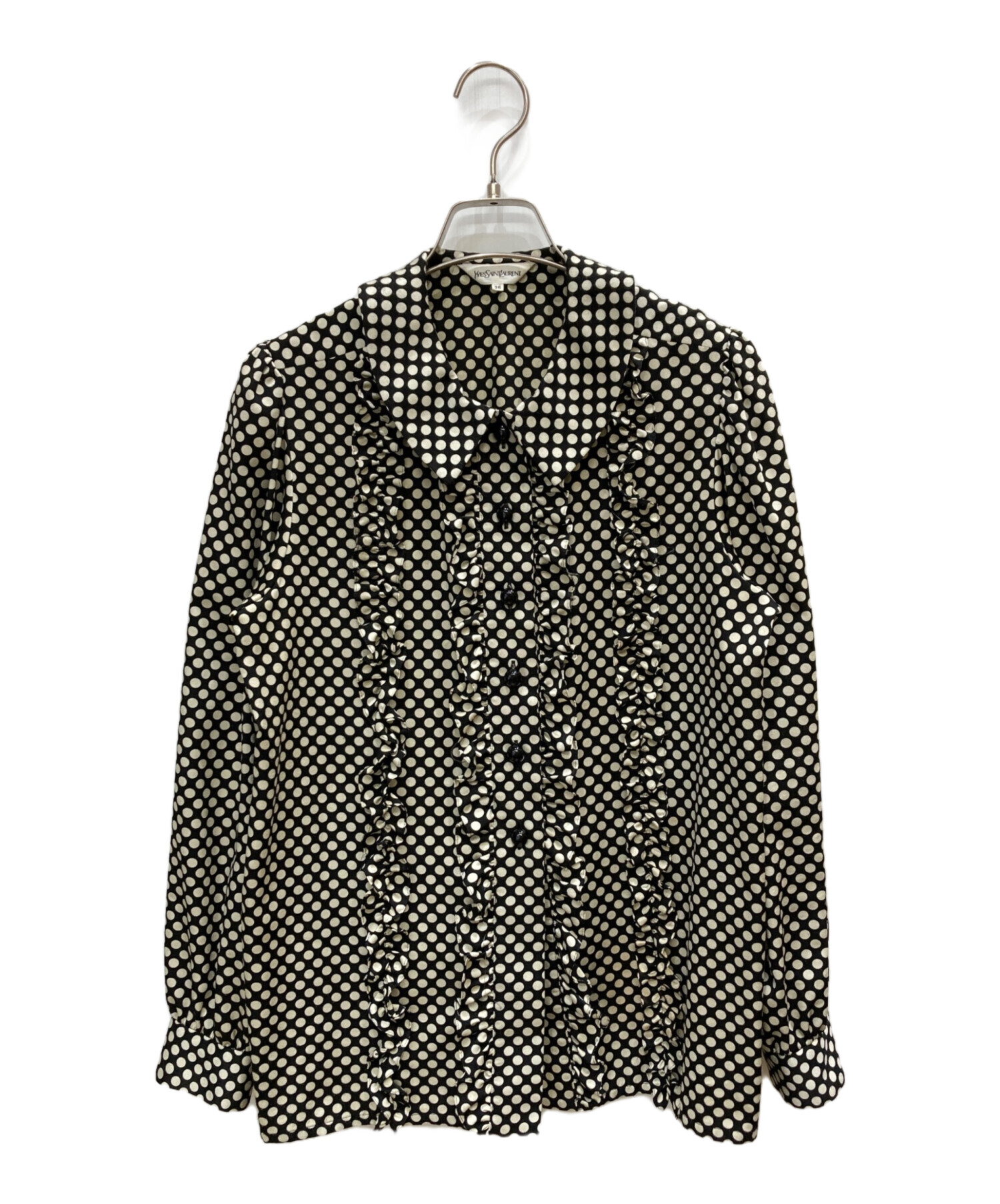 SAINT LAURENT / サンローラン | シルク ドット フリル プルオーバー ブラウス | 36 | ブラック | レディース シルク ドット フリル プルオーバー ブラウス | ブランド古着の買取