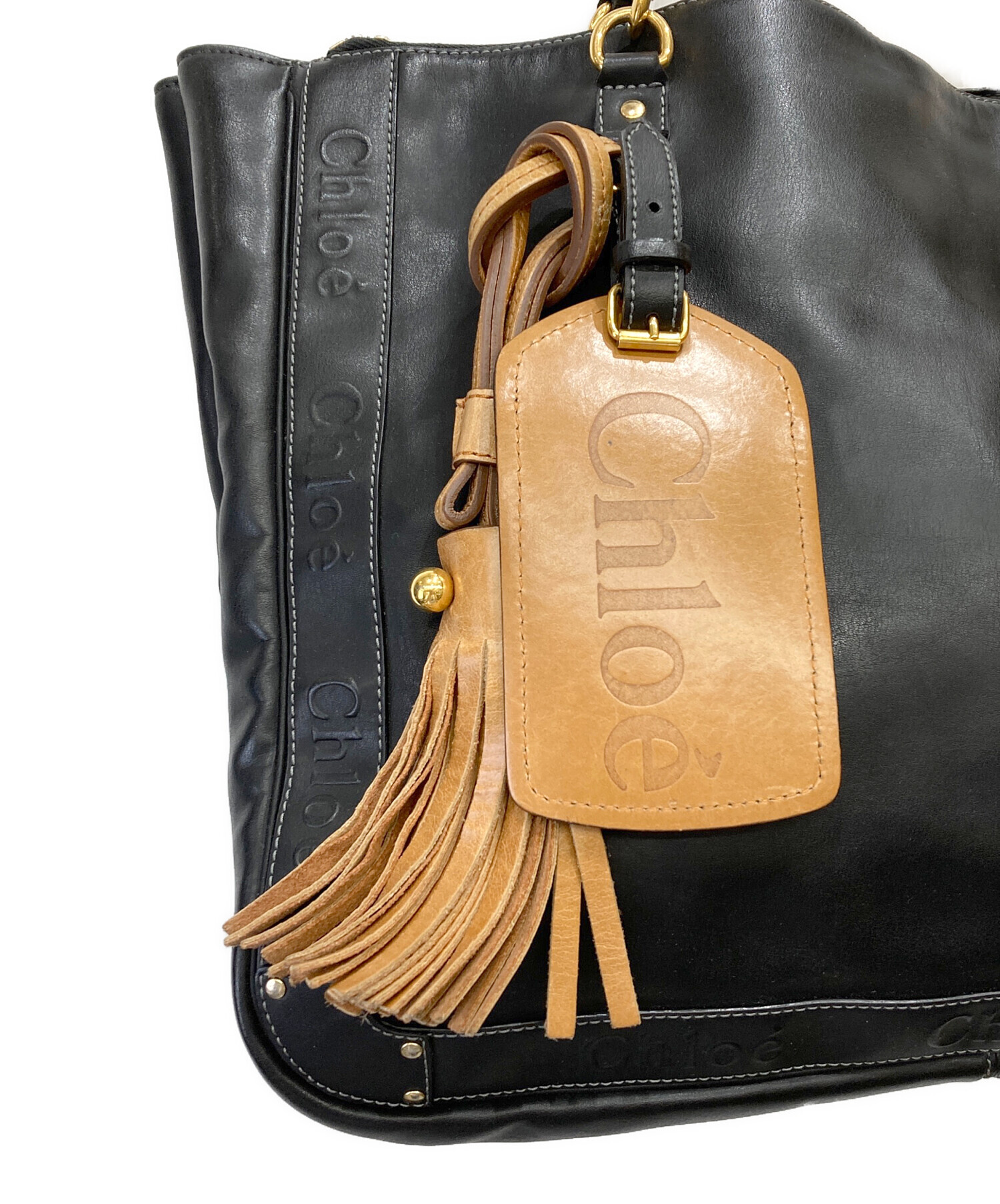 Chloé クロエ レザーハンドバッグ ブラック ゴールド金具 ねじりハンドル 中古・古着通販】Chloe (クロエ) レザーハンドバッグ ブラック