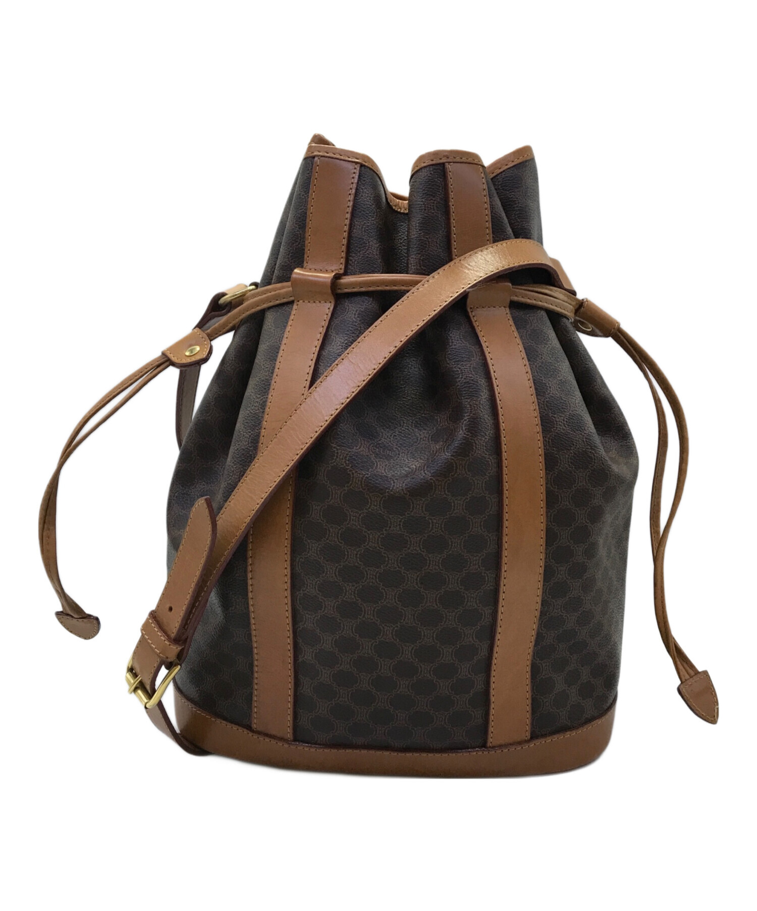 CELINE セリーヌ マカダム柄 巾着 ショルダー バッグ ブラウン