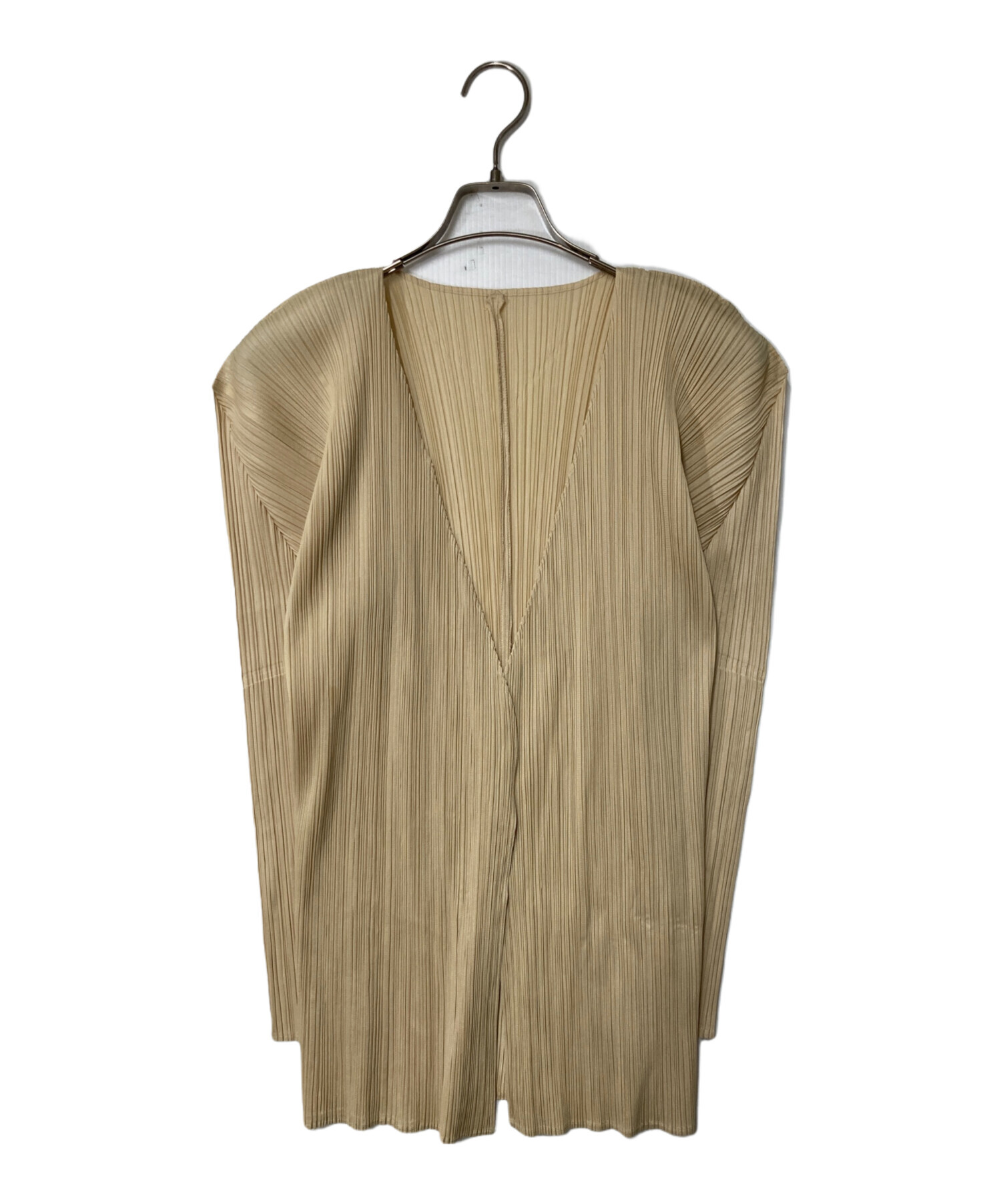 プリーツプリーズ クリーム色五分袖ロングカーディガン プリーツ