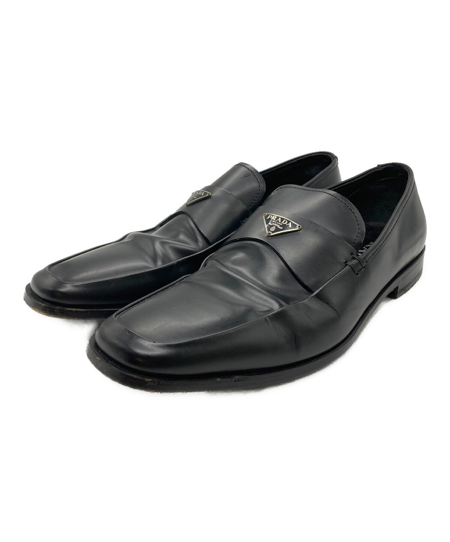 未使用品【PRADA】 ブラック黒　レザー ローファー プレート ロゴ 中古・古着通販】PRADA (プラダ) プレートレザーローファー ブラック