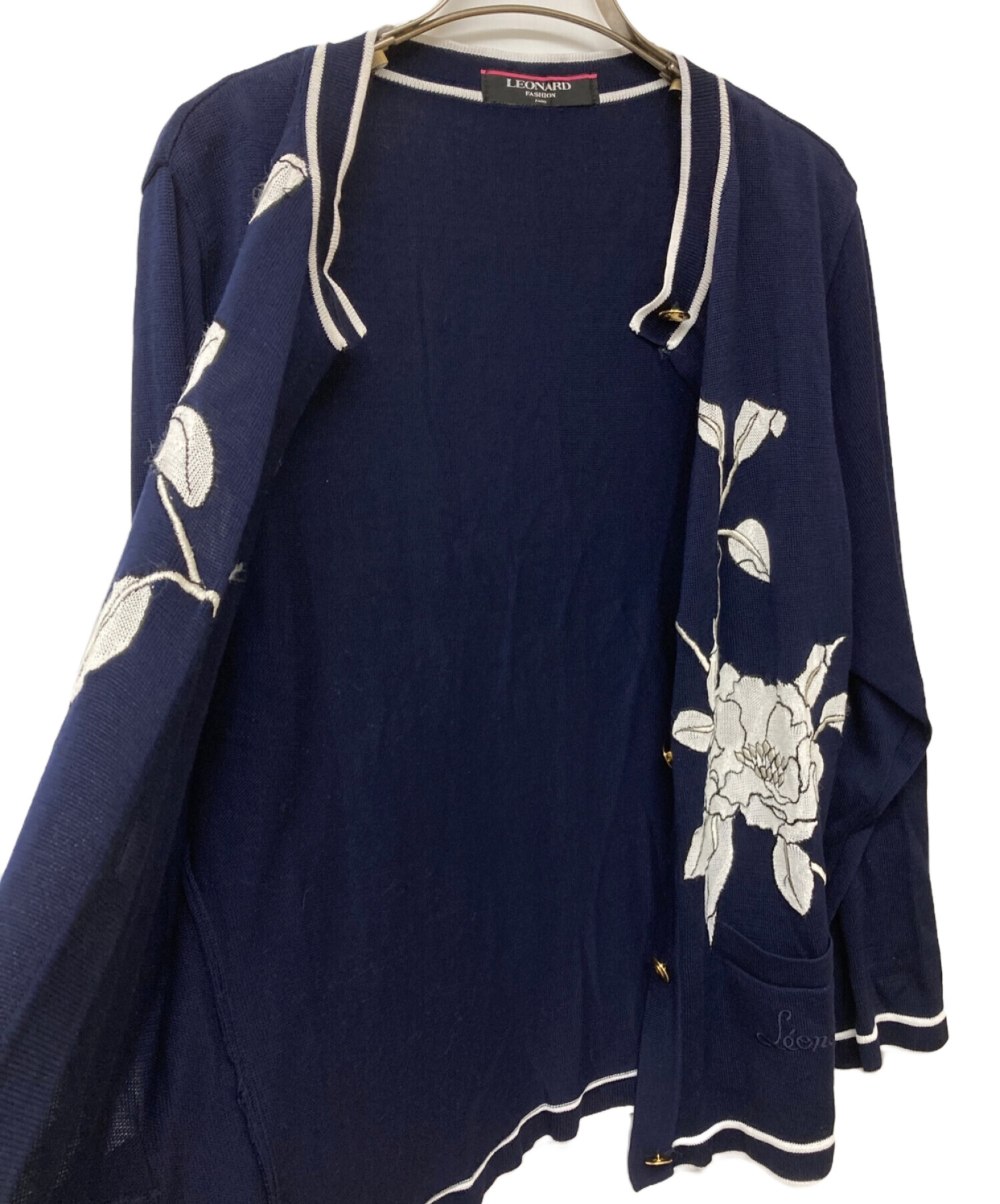 【未使用】LEONARD レオナール ブラック ネイビー カーディガン 薄手 中古・古着通販】LEONARD (レオナール) LEONARD FASHION フラワー装飾