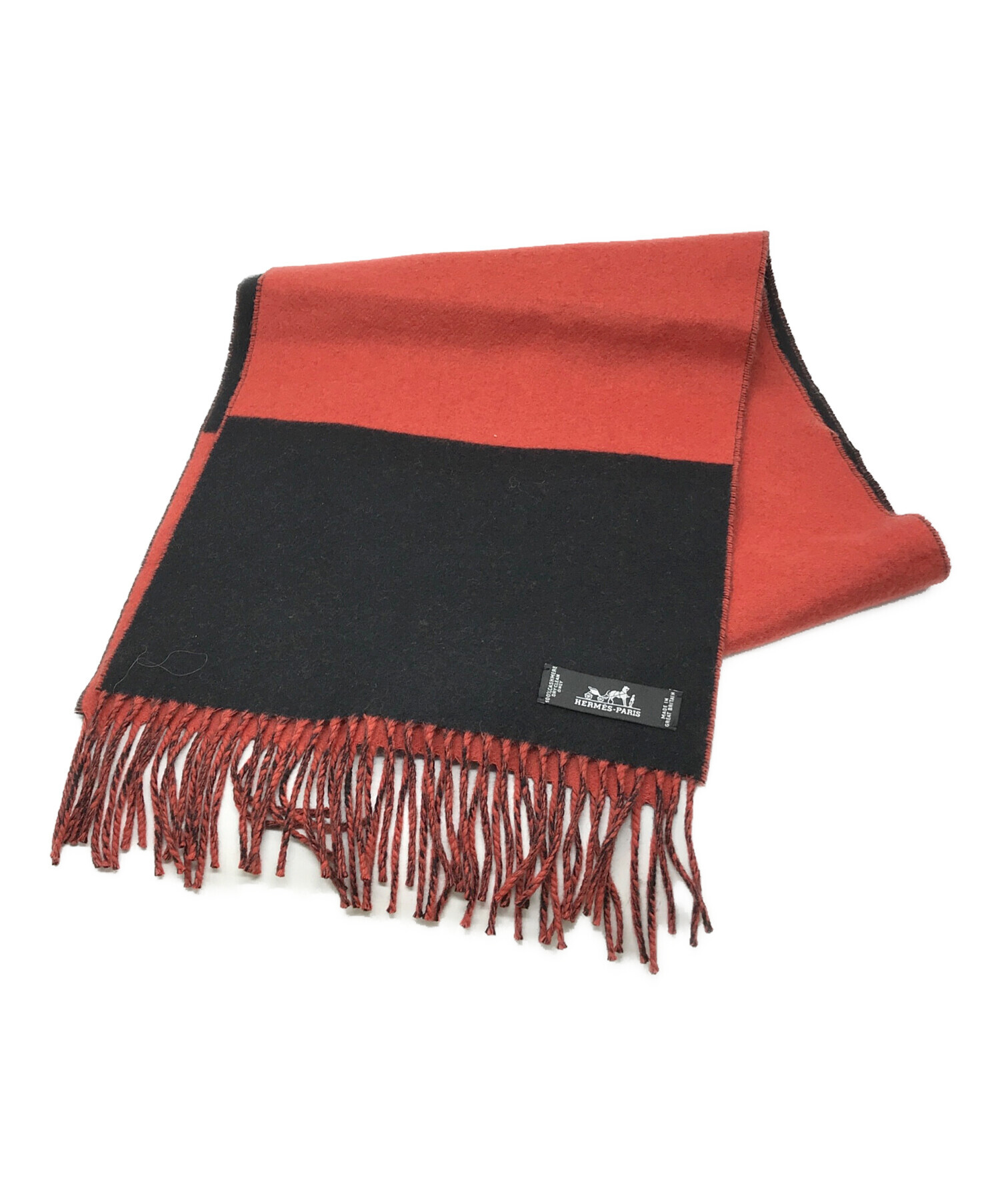 HERMES 100%カシミヤ マフラー 赤/黒 中古・古着通販】HERMES (エルメス) フリンジ カザックマフラー