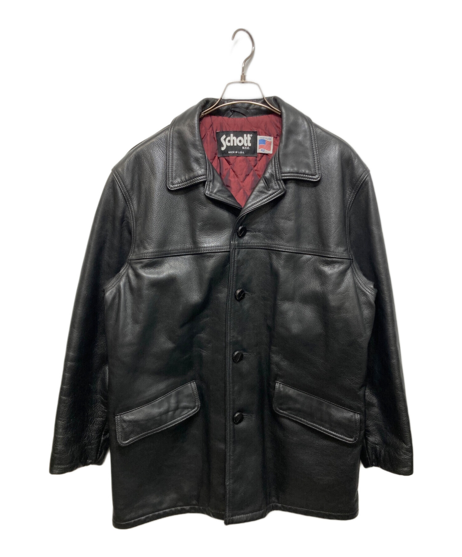 中古・古着通販】Schott (ショット) レザーカーコート ブラック サイズ 中古・古着通販】Schott (ショット) レザーカーコート ブラック サイズ