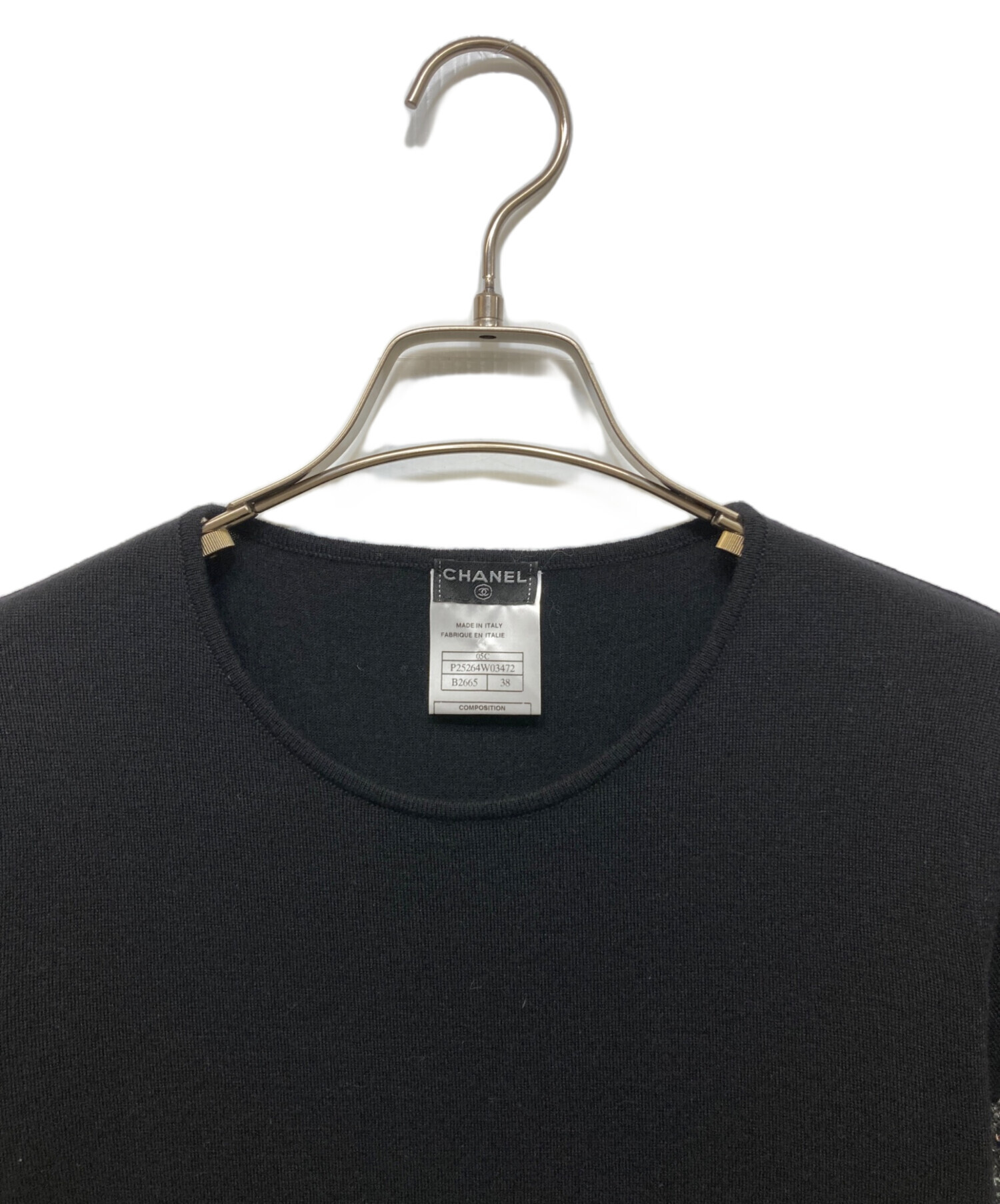 CHANEL 薄手ツイード切替 カシミヤニット カットソー 38 中古・古着通販】CHANEL (シャネル) ツイード切替カシミヤ半袖ニット