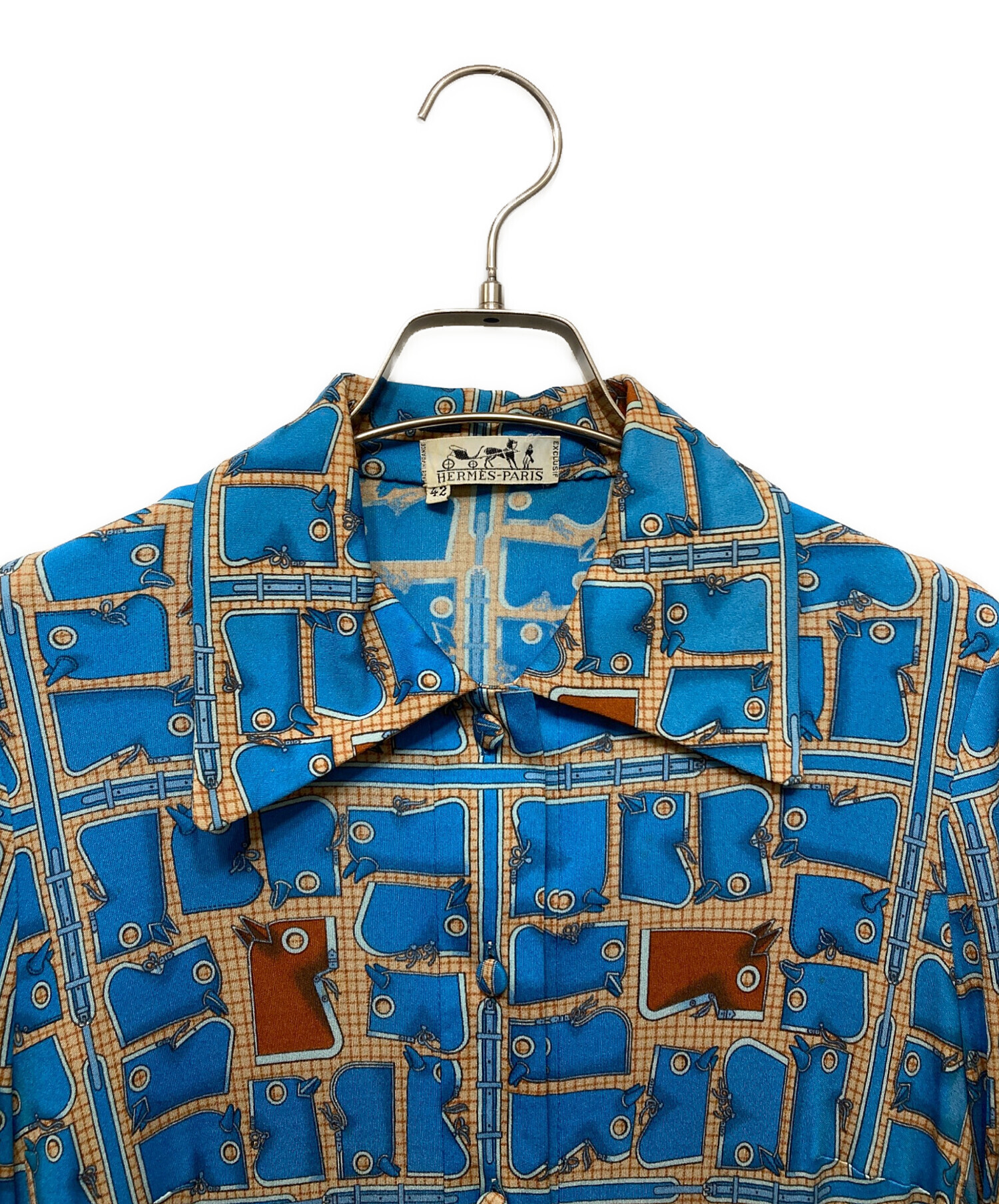 中古・古着通販】HERMES (エルメス) シルク総柄ワンピース ブルー