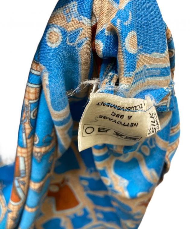 HERMES エルメス ロングワンピース プリーツ シルク100 長袖 襟 総柄 中古・古着通販】HERMES (エルメス) シルク総柄ワンピース ブルー