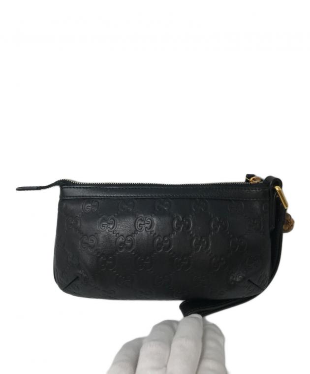GUCCI ダークブラウン レザー ポーチ バンブー　竹チャーム付き 中古・古着通販】GUCCI (グッチ) グッチシマレザー GG型押し バンブー