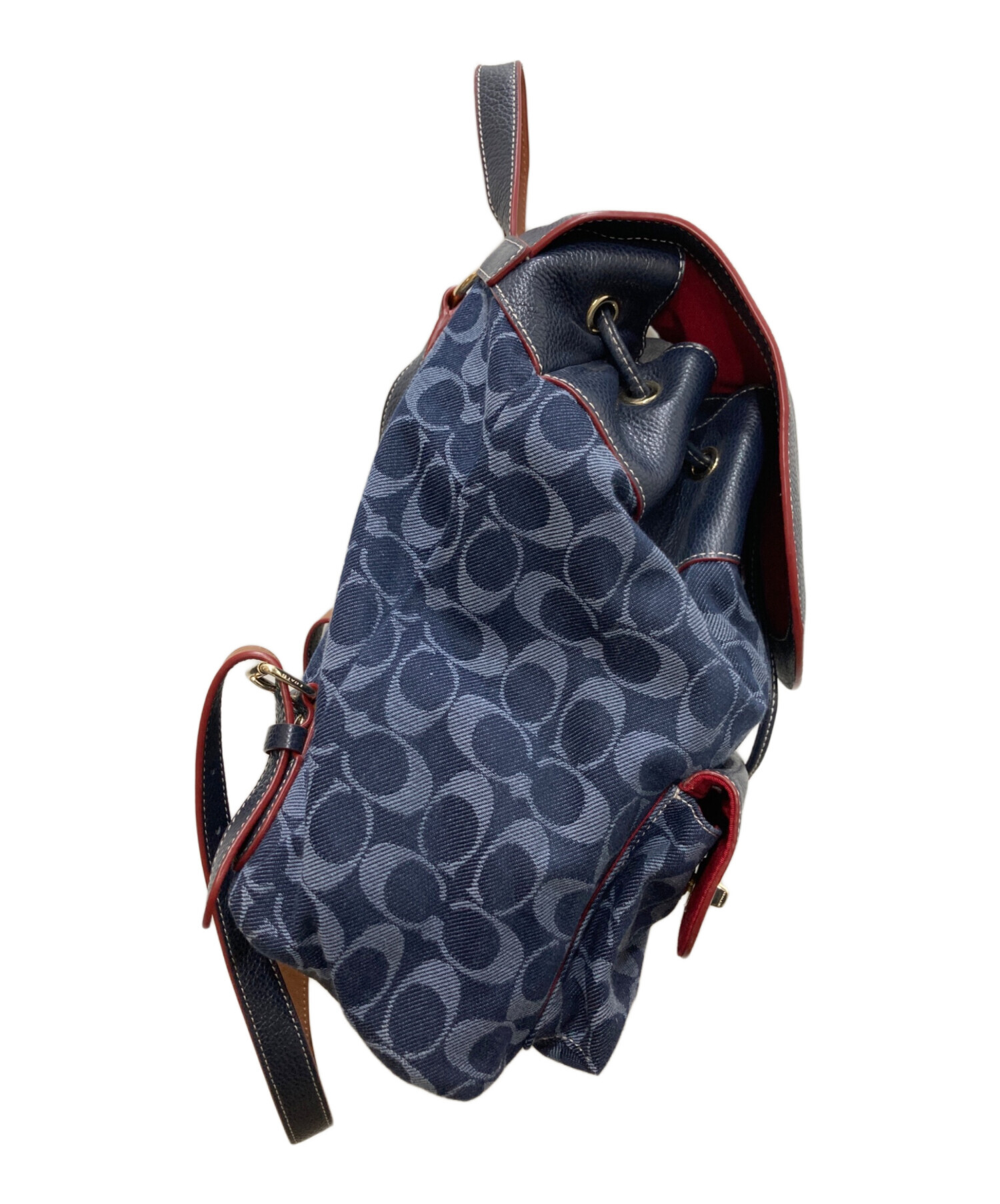 コーチ シグネーチャー　 ネイビー リュック 中古・古着通販】COACH (コーチ) シグネチャーレザー切替リュック