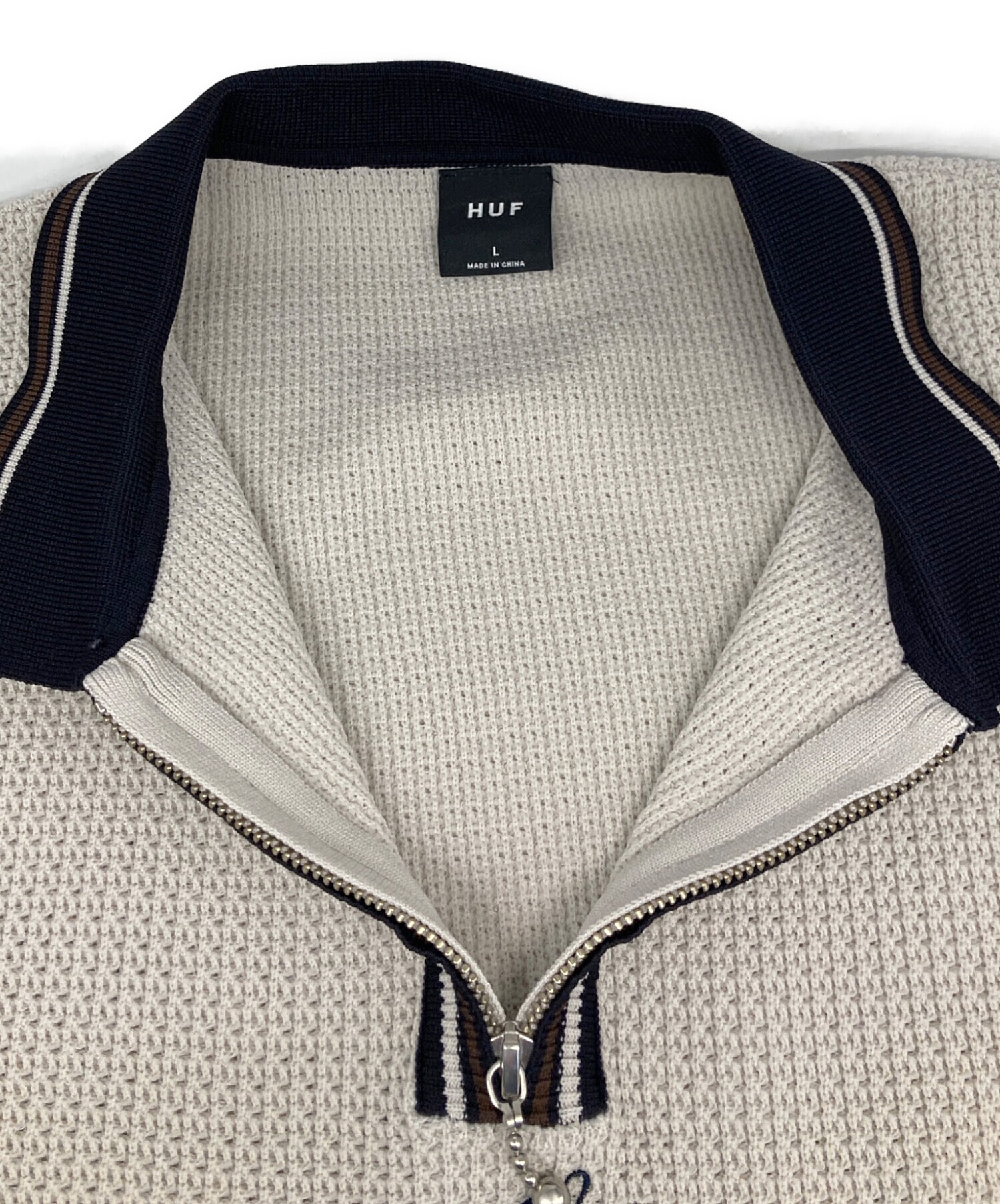 中古・古着通販】HUF (ハフ) ニットポロシャツ ベージュ×ネイビー 
