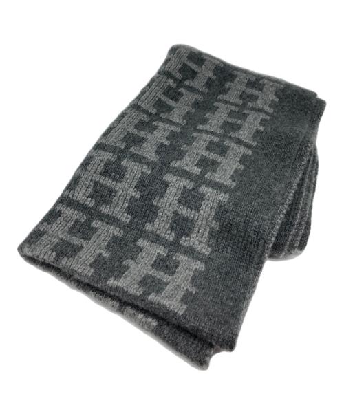 未使用品▼HERMES エルメス カシミヤ100% GRIS FONCE/NOIR マルジェラ期 H柄 ニット マフラー 箱付き イタリア製 正規品 メンズ 3059002470257136_01_2407w.jpeg