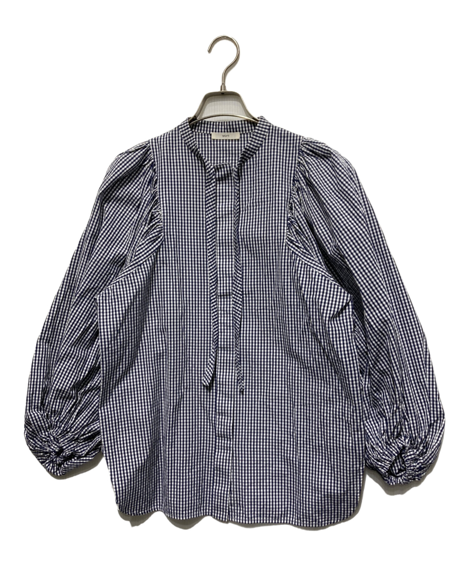 中古・古着通販】yori (ヨリ) ギンガムリボンパフスリーブブラウス 