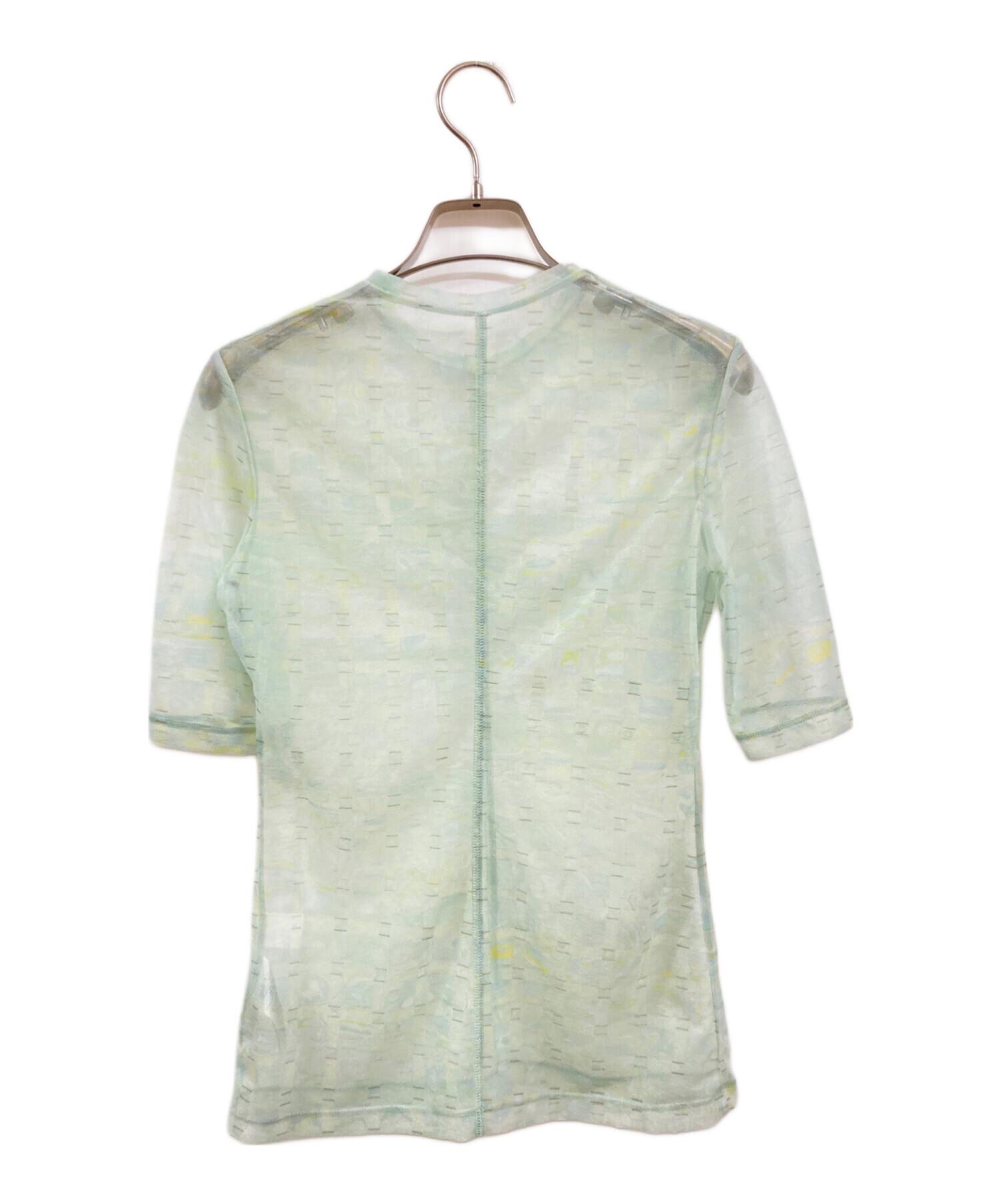 Mame Kurogouchi マメクロゴウチ 23SS 日本製 Marble Printed Plaid Sheer High Neck Top マーブルプリント シアーハイネックカットソー MM23SS-JS020 2 MINT GREEN 定価35,200円 トップス【新古品】【中古】【Mame Kurogouchi】 レディース】Marble Printed Plaid Sheer High Neck Top | Mame