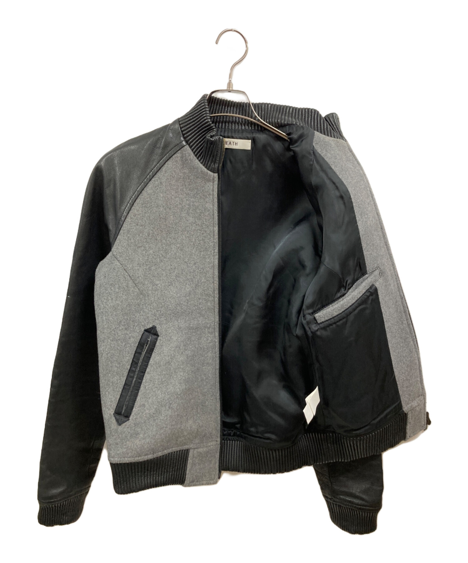 中古・古着通販】HEATH (ヒース) 袖レザースタジャン ブラック×グレー