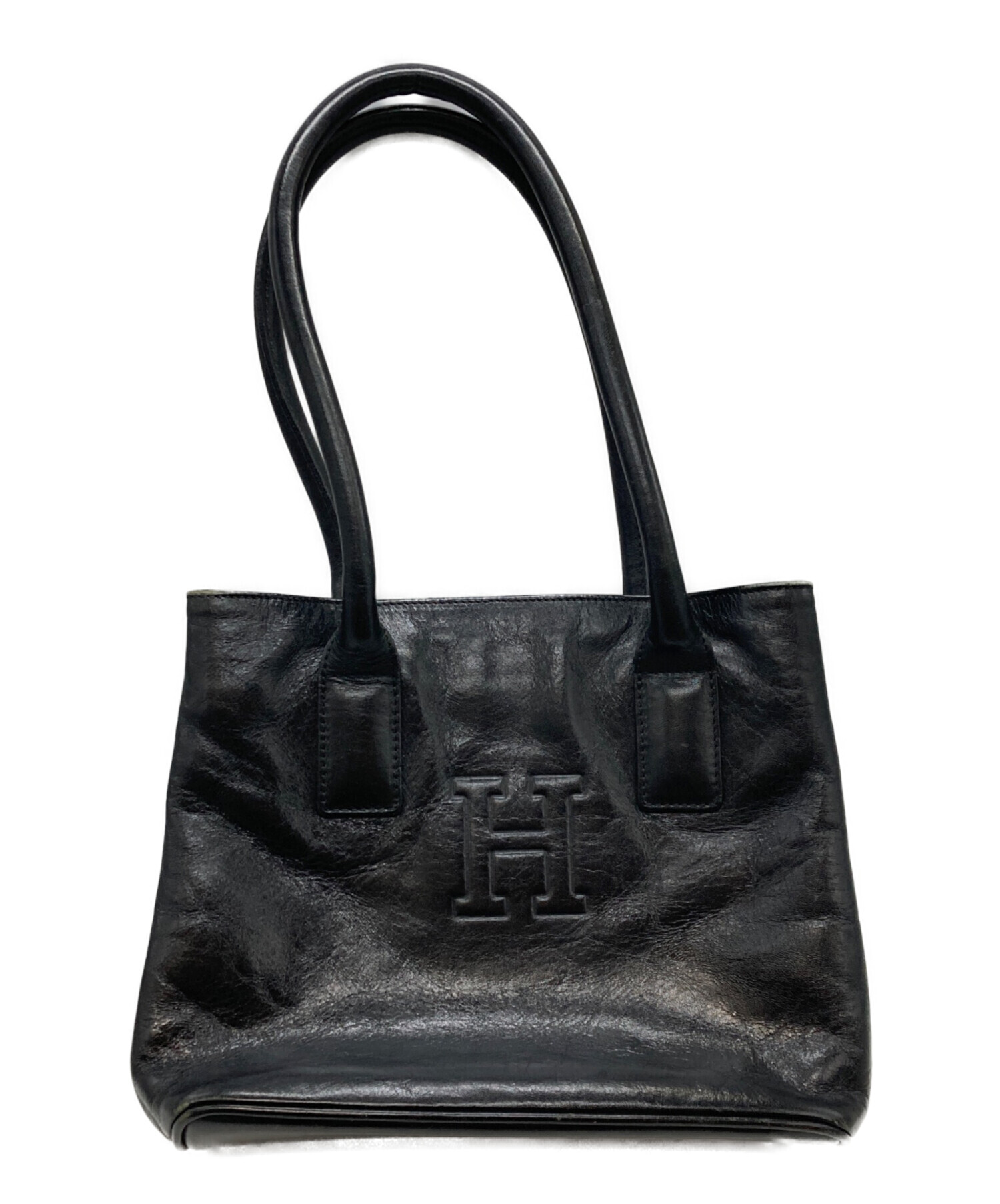 HIROFU ヒロフ レザー ハンドバッグ Hロゴ 黒 ブラック ビジネス 中古・古着通販】HIROFU (ヒロフ) レザーハンドバッグ ブラック