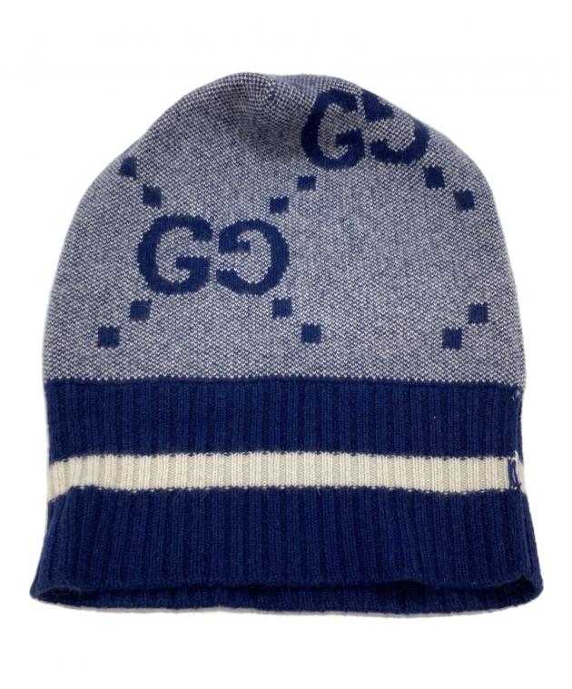 極美品！国内完売 GUCCI グッチ カシミアジャガードニット 帽子M 中古・古着通販】GUCCI (グッチ) カシミヤニット帽 ネイビー サイズ:M