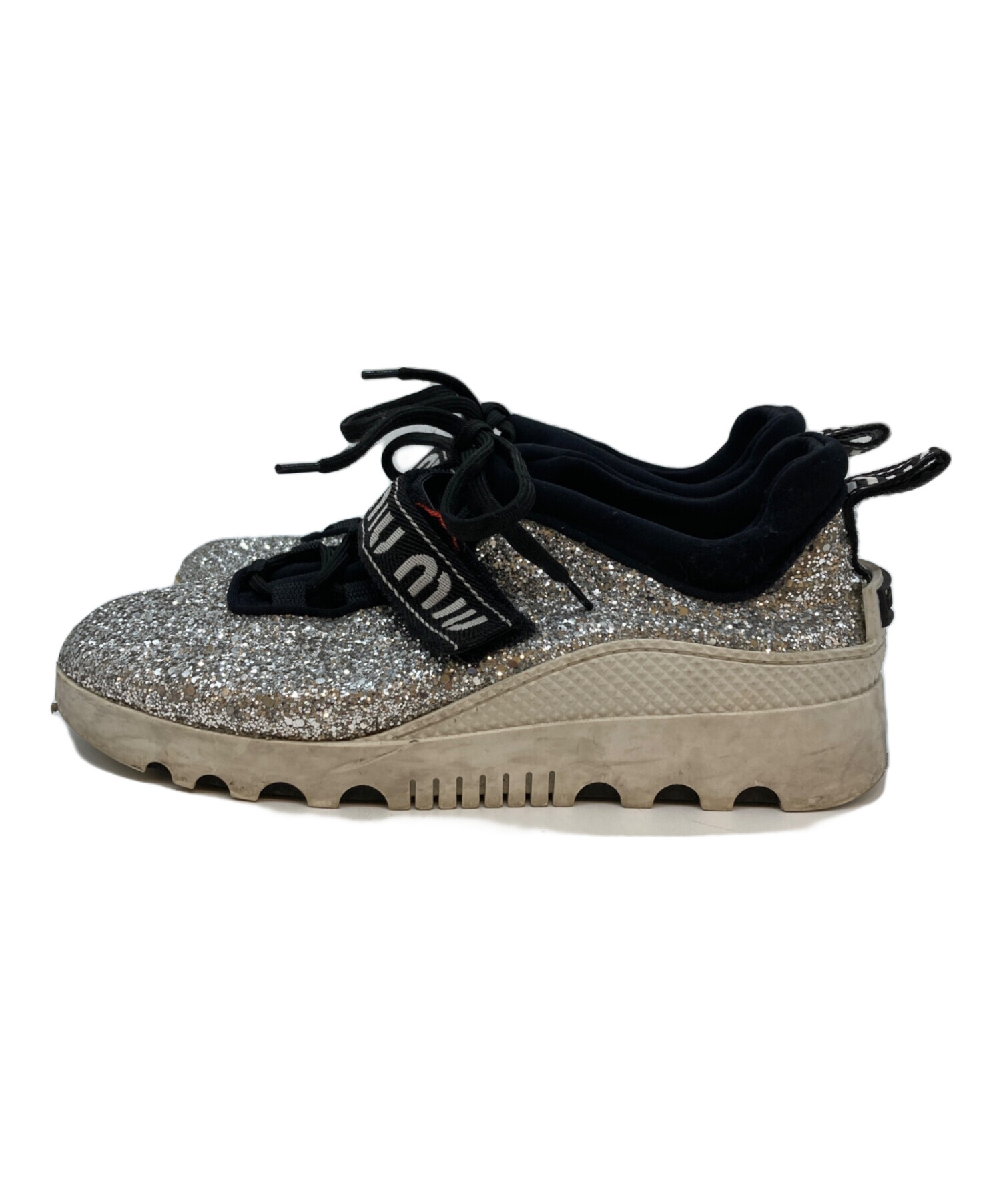 MIU MIU ミュウミュウ スニーカー グリッター ブラック 38cm 美品 中古・古着通販】MIU MIU (ミュウミュウ) グリッターシューズ シルバー