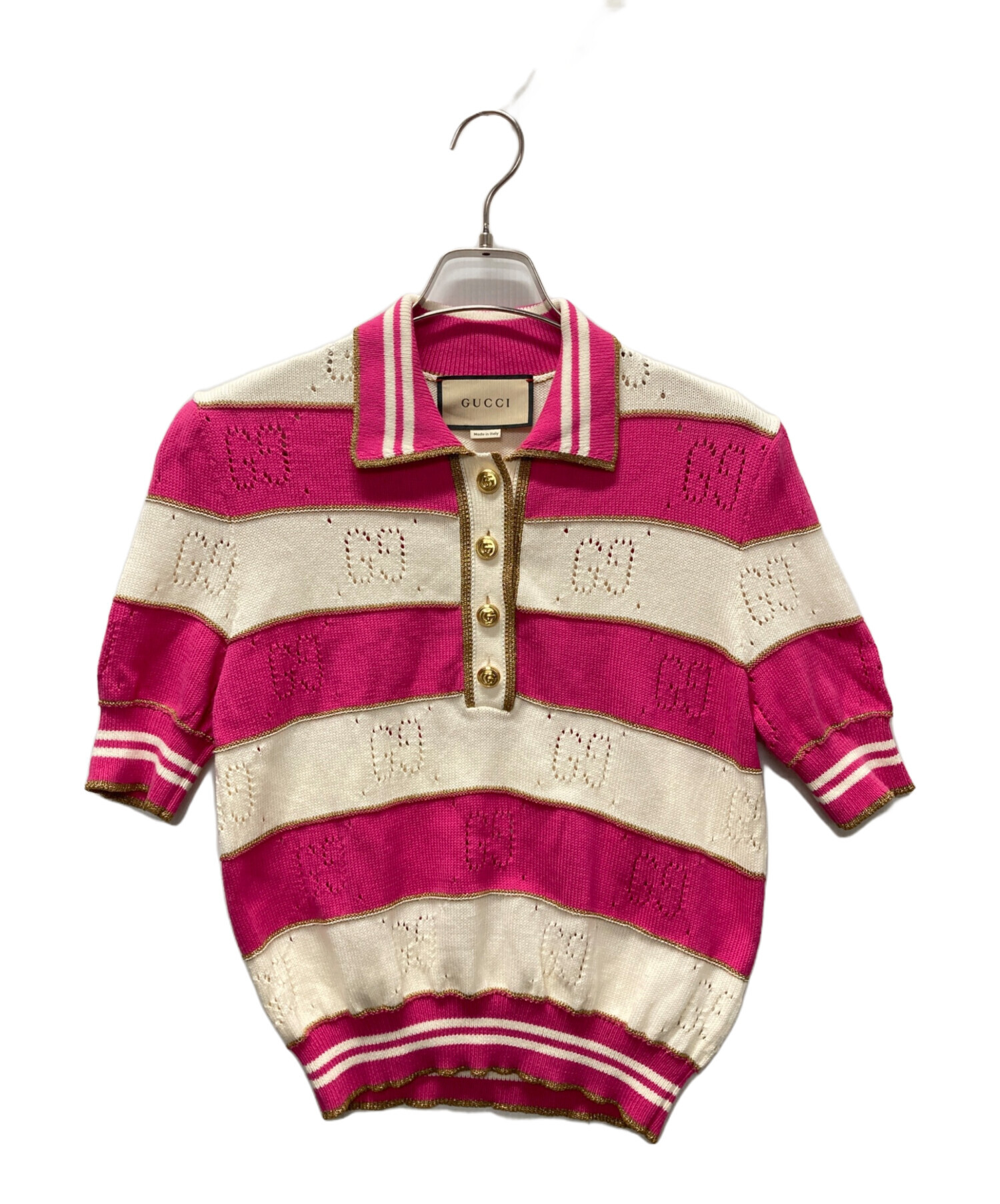 中古・古着通販】GUCCI (グッチ) GGボーダーニットポロシャツ ピンク 