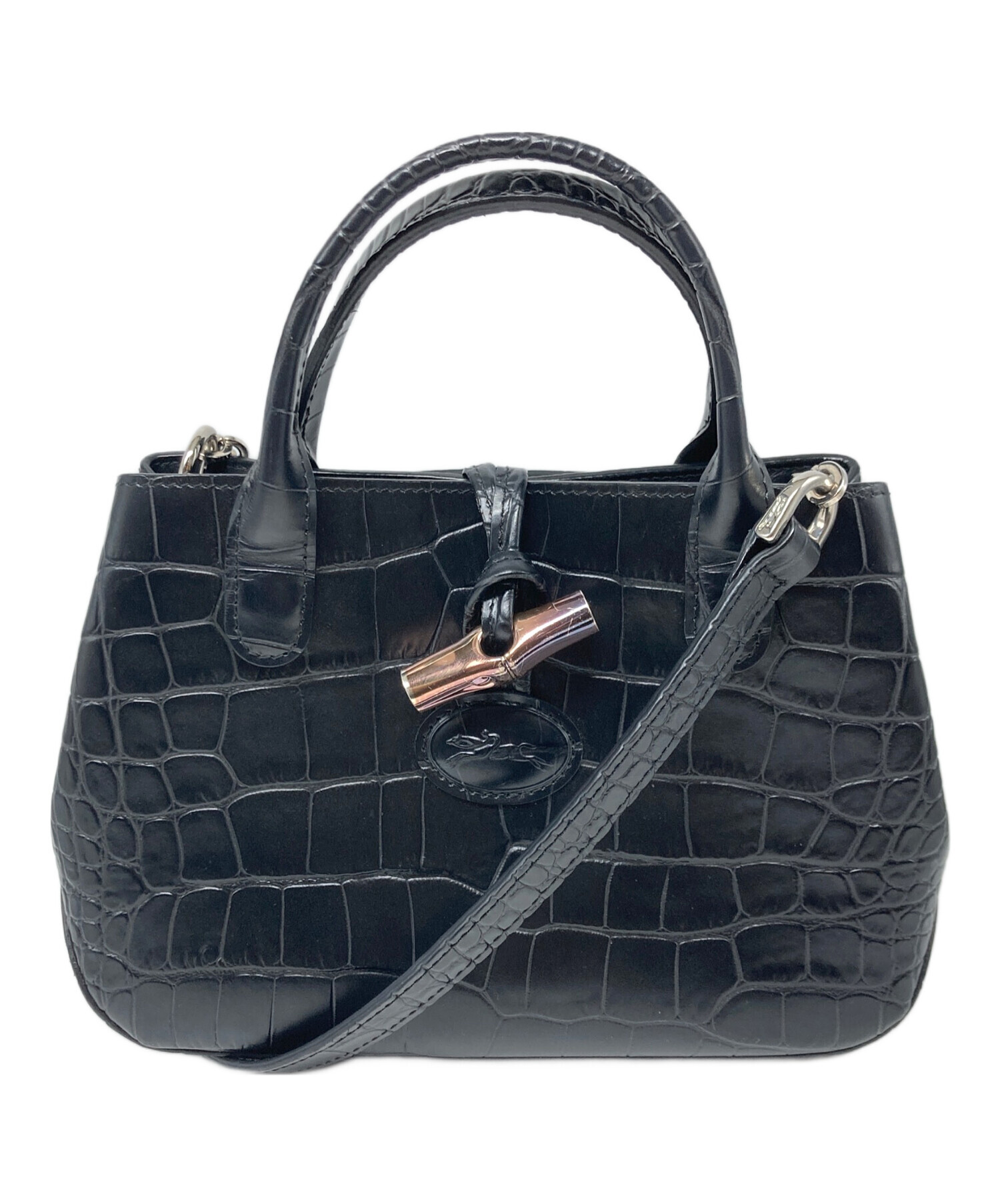 未使用近 美品 ロンシャン ロゾ パテントレザー ハンドバッグ 黒 ブラック 中古・古着通販】LONGCHAMP (ロンシャン) ロゾ/2WAY型押しハンドバッグ