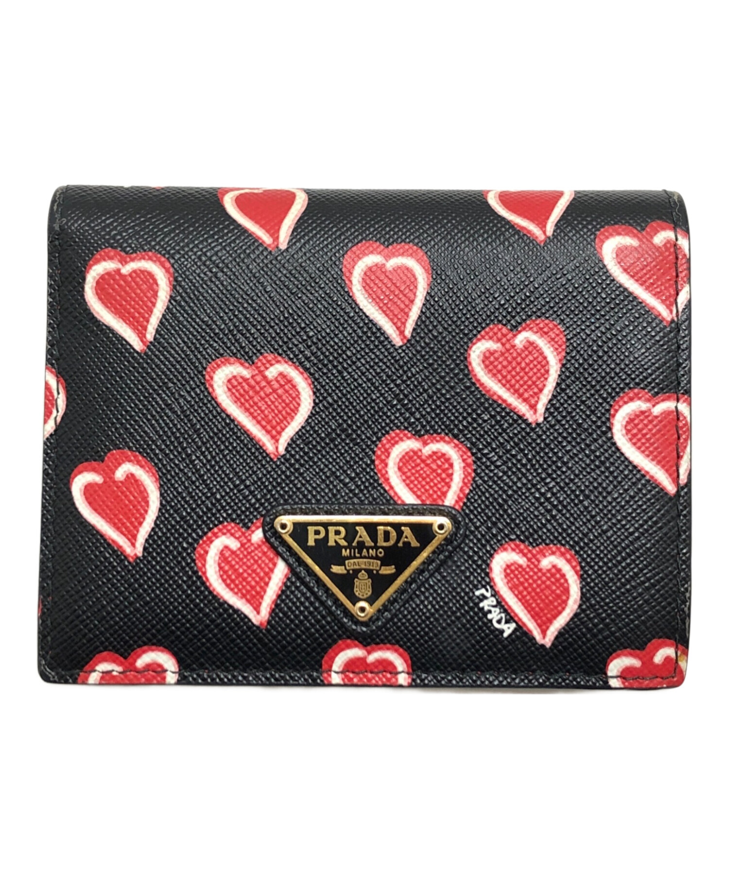未使用品⚪︎PRADA⚪︎ プラダ 二つ折り財布 ハート柄 中古・古着通販】PRADA (プラダ) ハートモチーフ2つ折り財布 ブラック