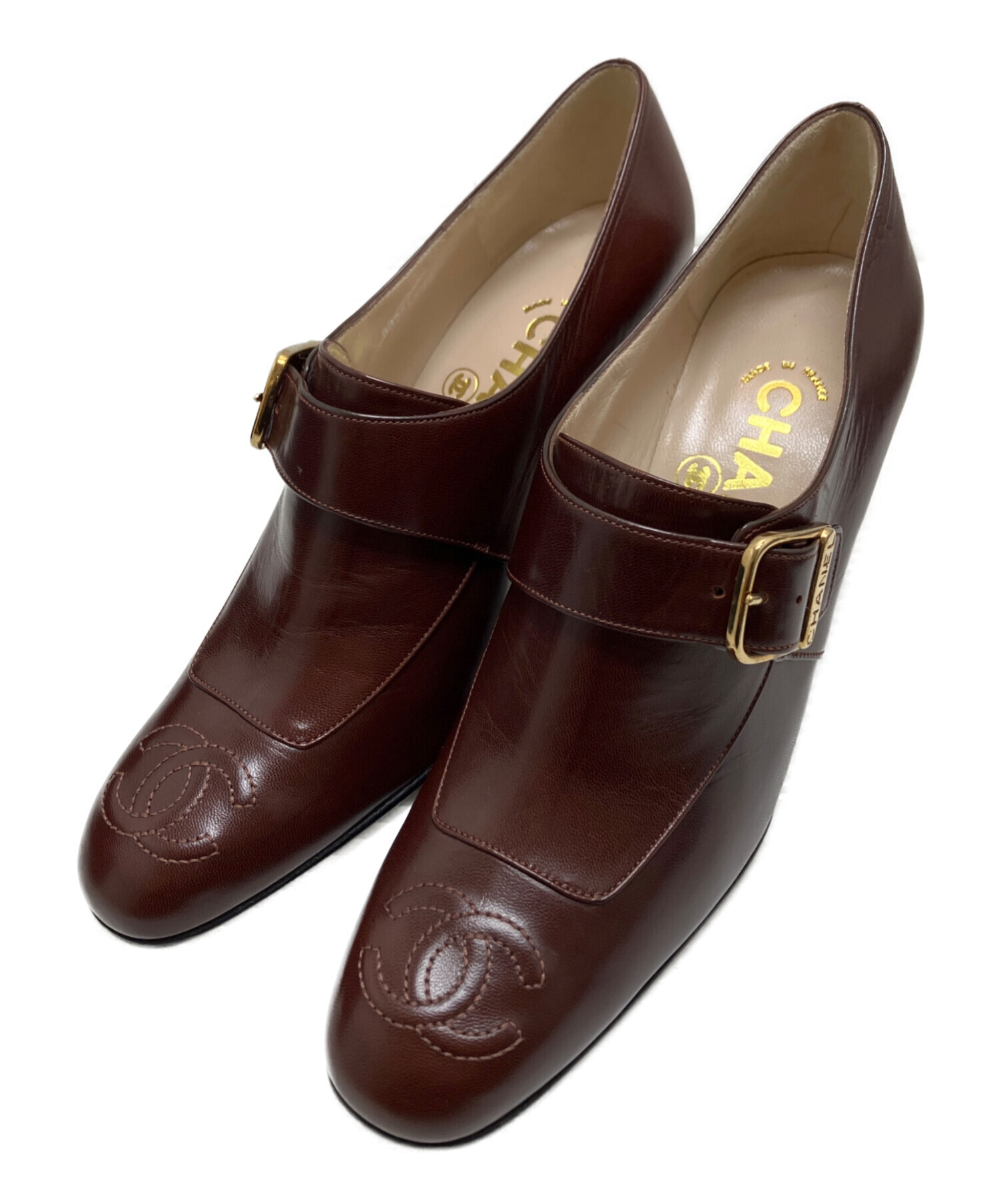 CHANEL ブラウンレザーパンプス 中ヒール 中古・古着通販】CHANEL (シャネル) ココマークヒールパンプス