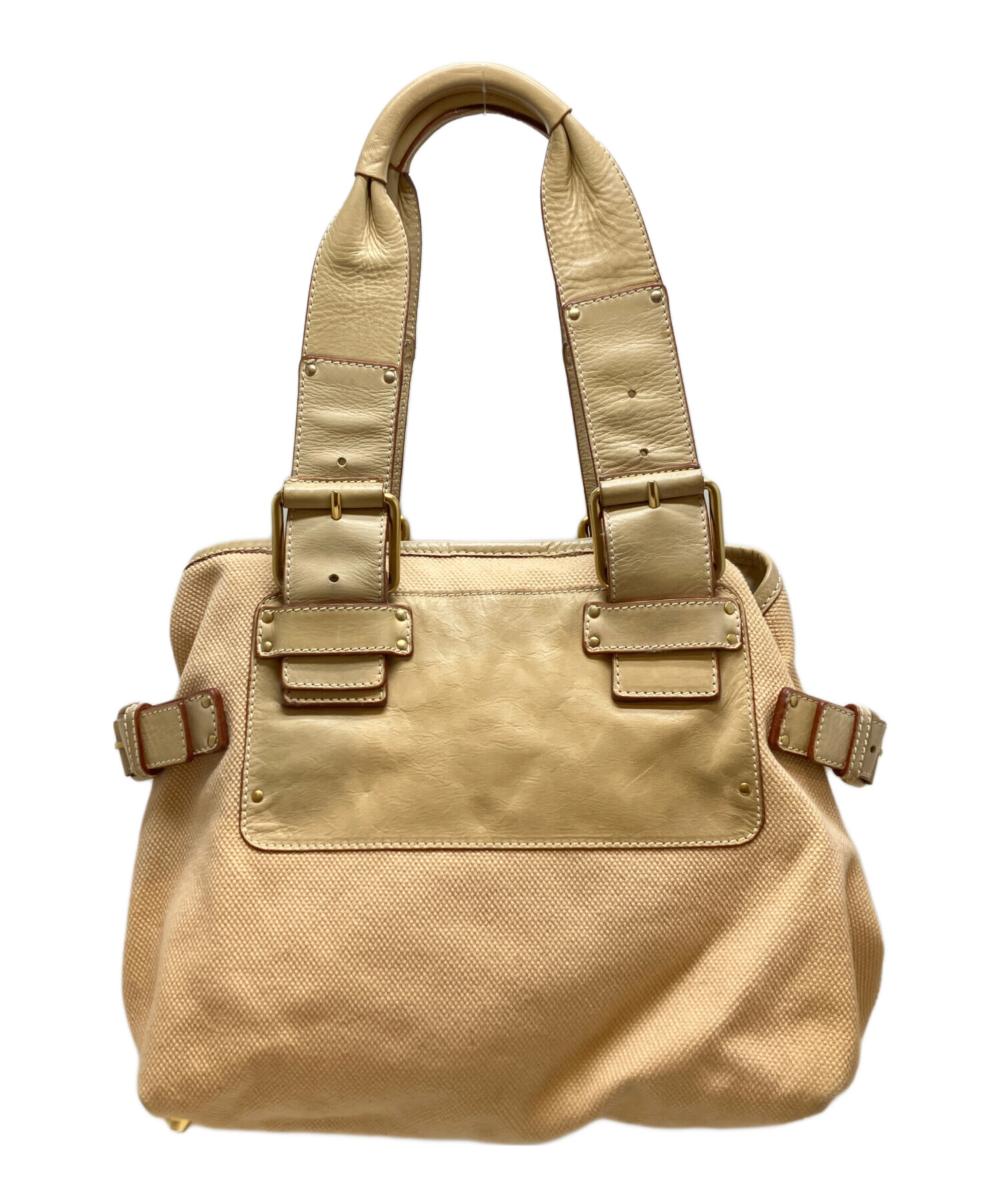 Chloe ハンドバッグ ゴールドスタッズ ベージュ 中古・古着通販】Chloe (クロエ) キャンバス ロゴ ハンドバッグ