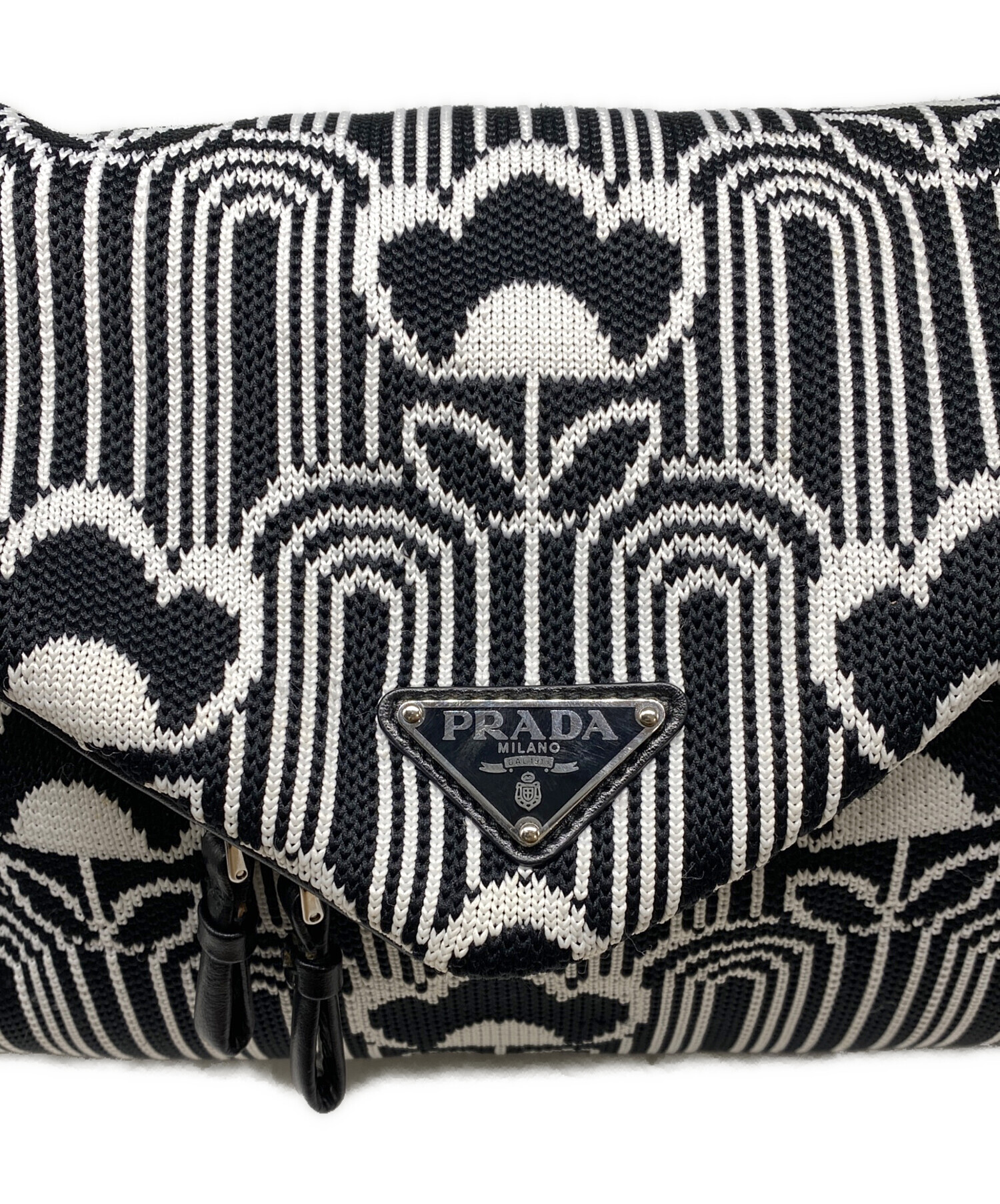 美品 PRADA プラダ ジャガード×レザー ショルダーバッグ 1BC165 ブラック×ホワイト レディース 古着 中古 USED 中古・古着通販】PRADA (プラダ) ジャガードキャンバスショルダー