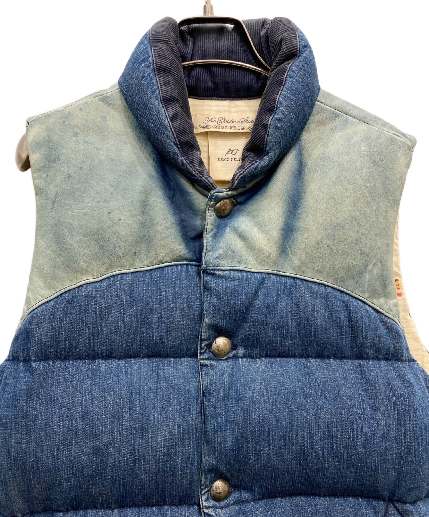 REMI RELIEF レミレリーフ ダウンベスト デニム レザー切替 L 中古・古着通販】REMI RELIEF (レミレリーフ) レザー切替デニムダウン
