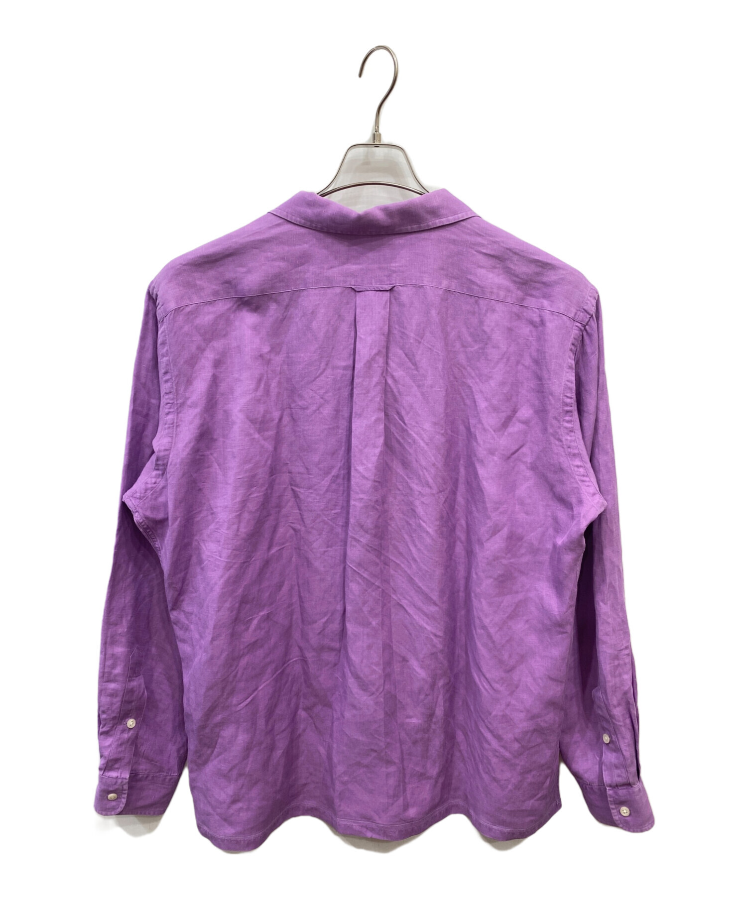 美品 ローレンラルフローレン リネン バンドカラーシャツ パープル 希少L ラルフローレン 100%リネン L/Sシャツ パープル 表記(XL) USA製