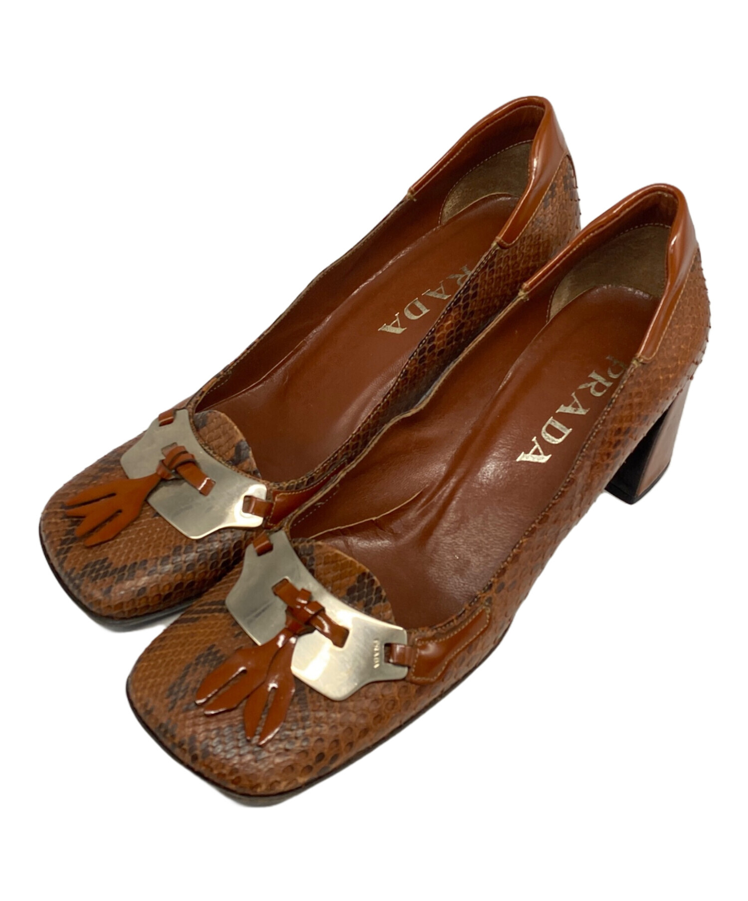 中古・古着通販】PRADA (プラダ) スクエアヒールパンプス ブラウン